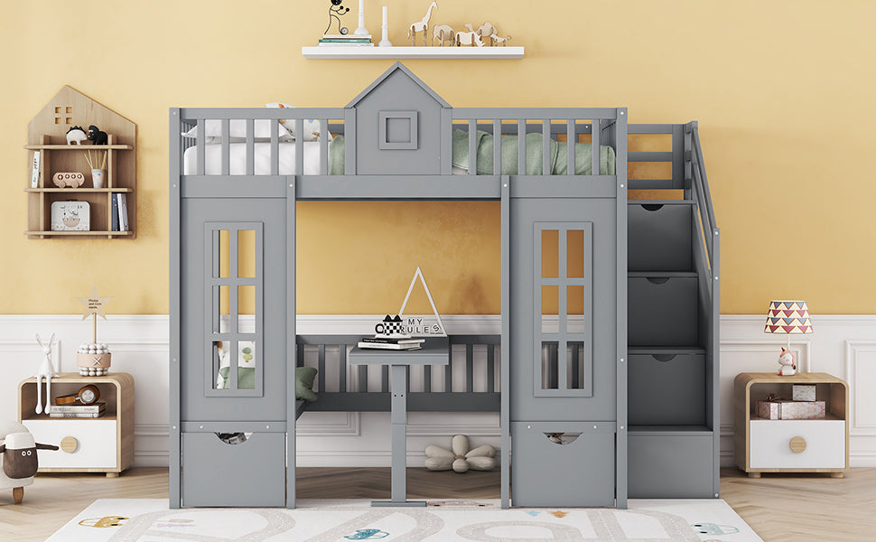 Full Over Full Bunk Bed With Changeable Table, Bunk Bed Turn Into Upper Bed And Down Desk Gray Full Gray Solid Wood