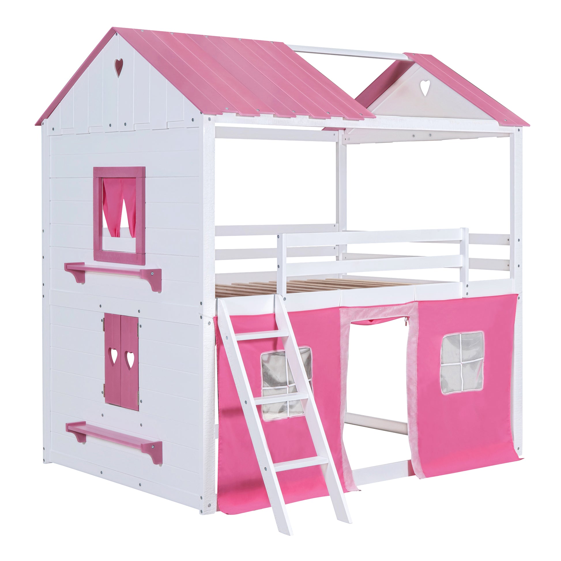 Full Size Bunk Wood House Bed With Elegant Windows, Sills And Tent, Pink White White Pink Solid Wood Mdf