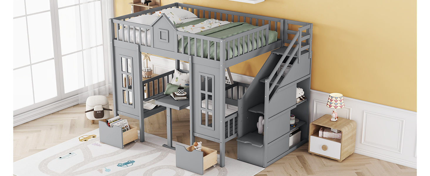 Full Over Full Bunk Bed With Changeable Table, Bunk Bed Turn Into Upper Bed And Down Desk Gray Full Gray Solid Wood