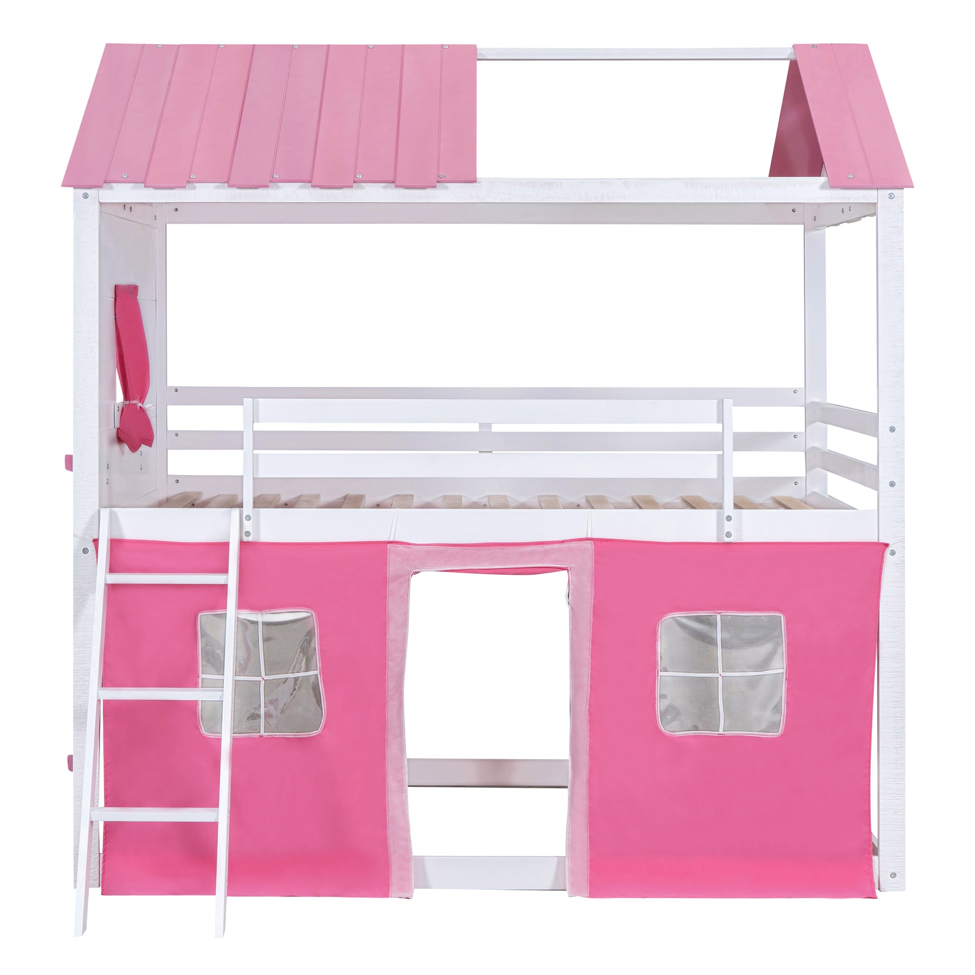 Full Size Bunk Wood House Bed With Elegant Windows, Sills And Tent, Pink White White Pink Solid Wood Mdf