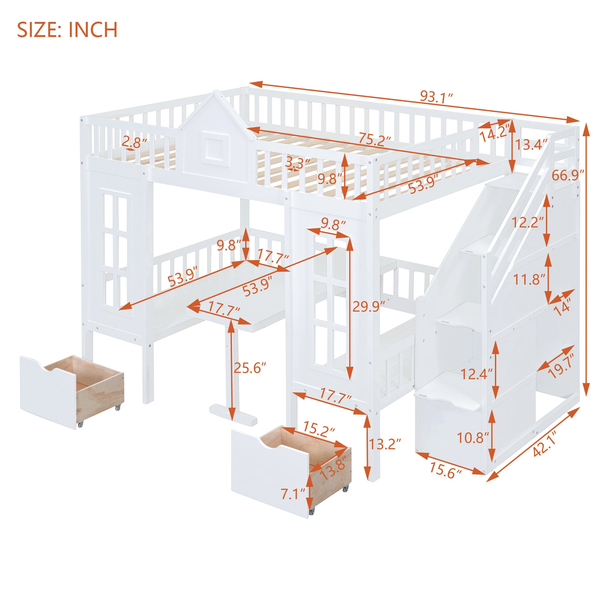 Full Over Full Bunk Bed With Changeable Table, Bunk Bed Turn Into Upper Bed And Down Desk White Full White Solid Wood