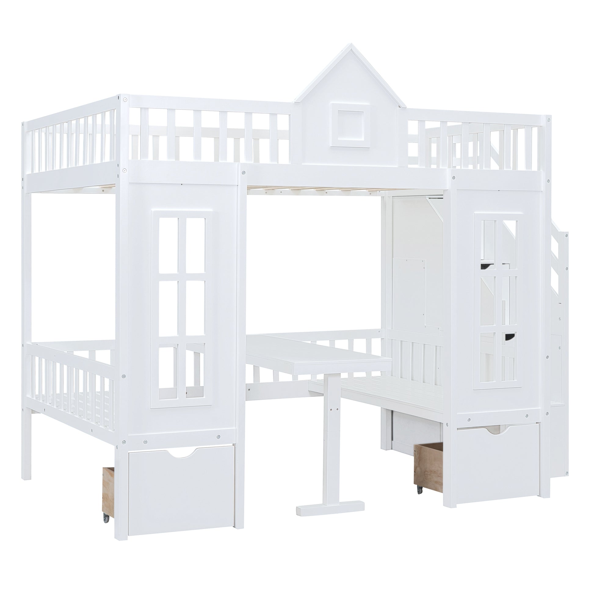 Full Over Full Bunk Bed With Changeable Table, Bunk Bed Turn Into Upper Bed And Down Desk White Full White Solid Wood