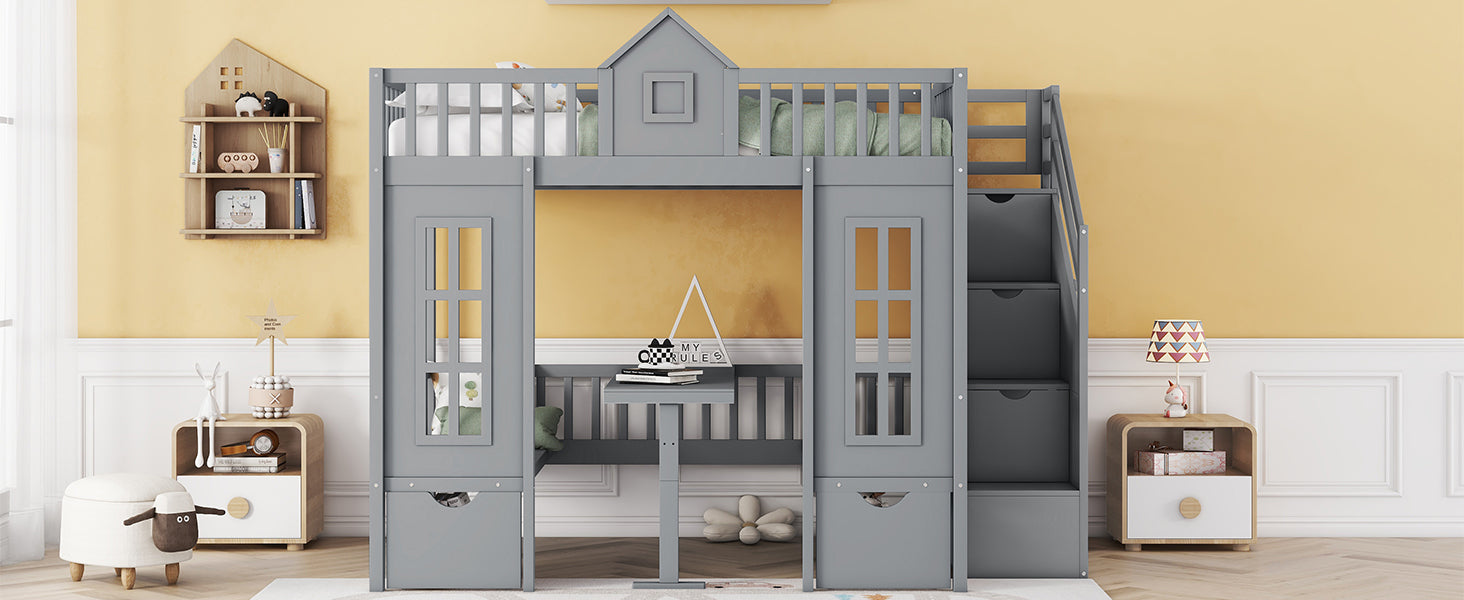 Full Over Full Bunk Bed With Changeable Table, Bunk Bed Turn Into Upper Bed And Down Desk Gray Full Gray Solid Wood