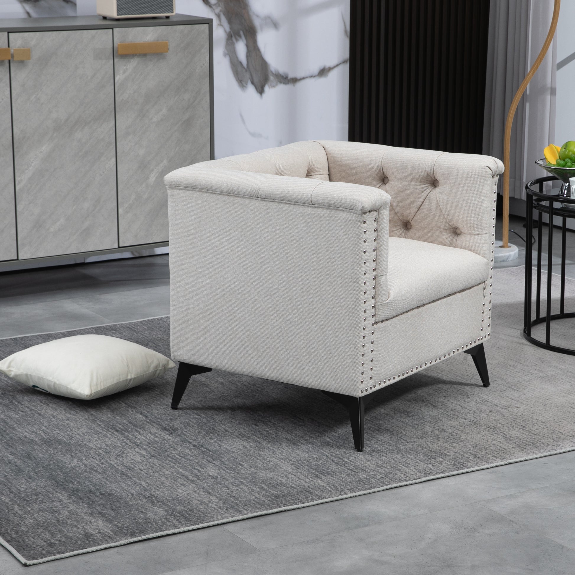 Accent Chair Living Room Chairs Single Sofa Chair,Arm Chairs With Linen Fabric, Mid Century Accent Arm Chairs Comfy Reading Lounge Club Armchair For Bedroom Office Study Beige Metal