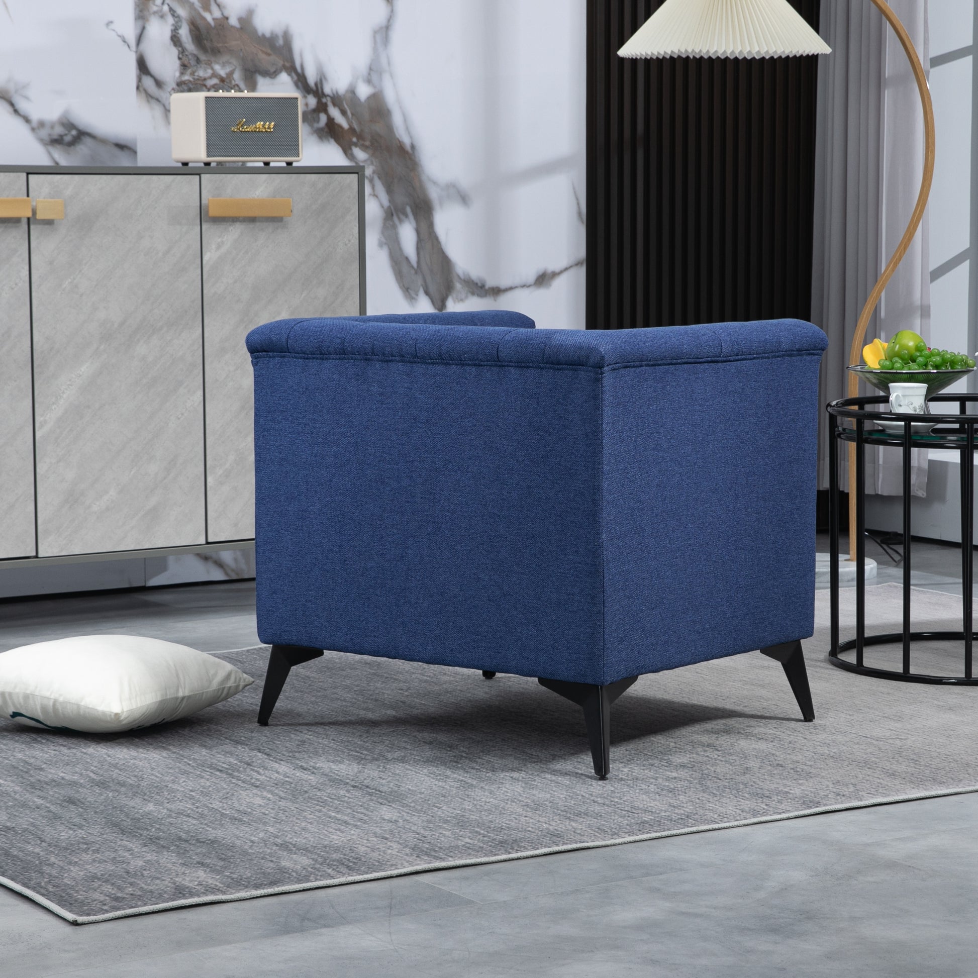 Accent Chair Living Room Chairs Single Sofa Chair,Arm Chairs With Linen Fabric, Mid Century Accent Arm Chairs Comfy Reading Lounge Club Armchair For Bedroom Office Study Blue Metal