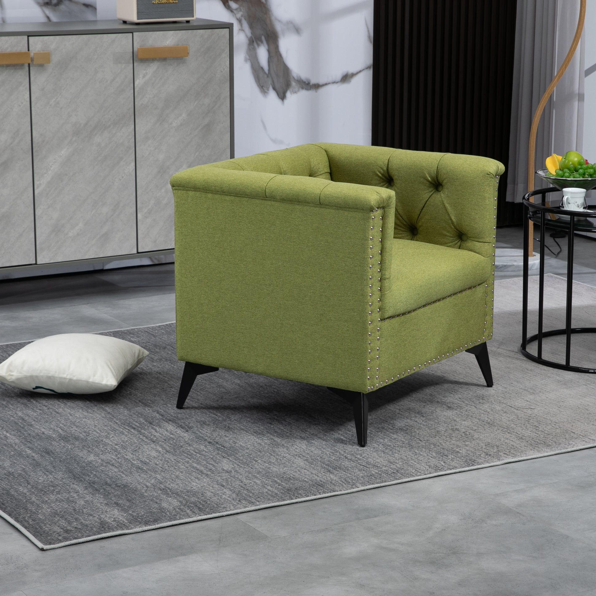 Accent Chair Living Room Chairs Single Sofa Chair,Arm Chairs With Linen Fabric, Mid Century Accent Arm Chairs Comfy Reading Lounge Club Armchair For Bedroom Office Study Green Metal
