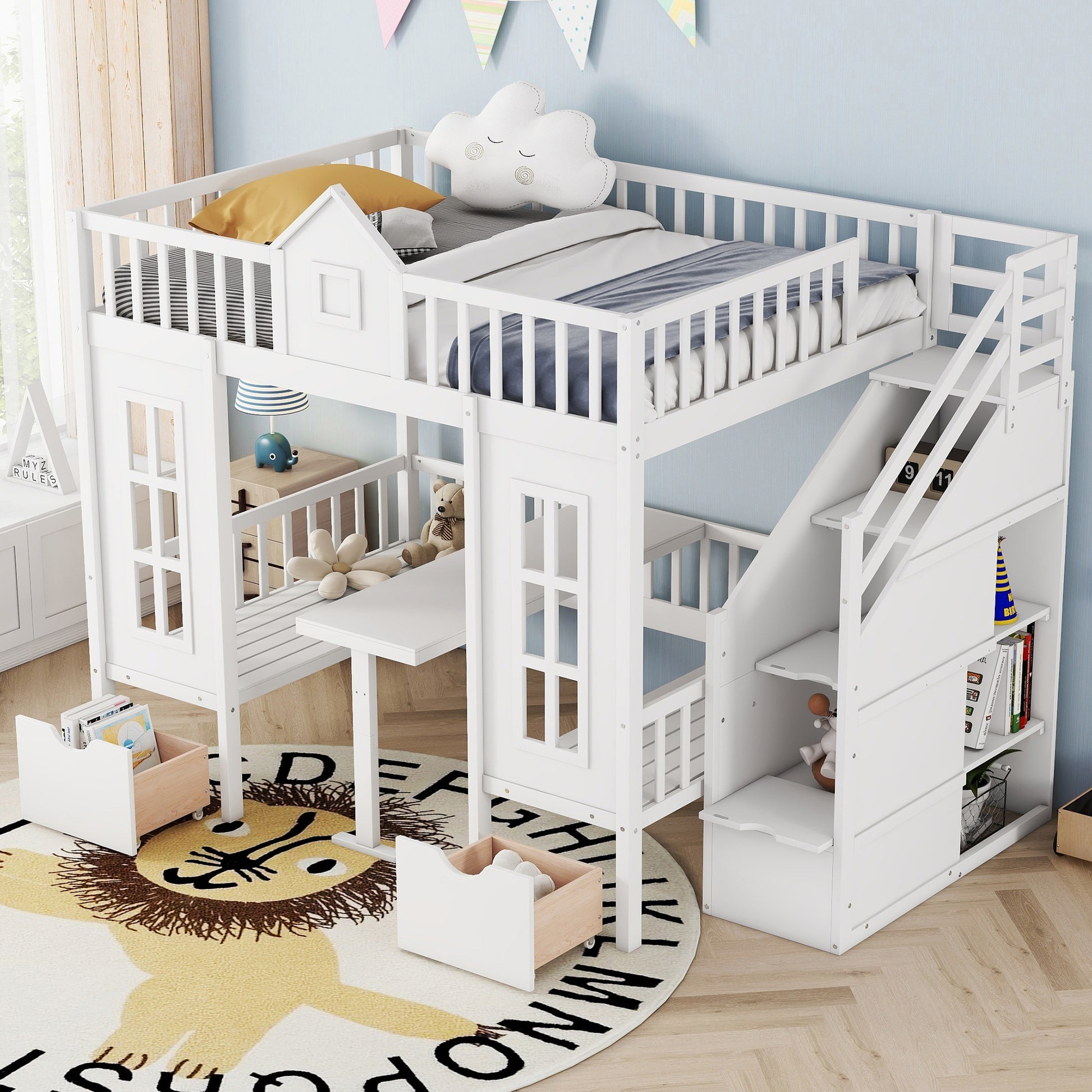 Full Over Full Bunk Bed With Changeable Table, Bunk Bed Turn Into Upper Bed And Down Desk White Full White Solid Wood