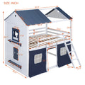 Full Size Bunk Wood House Bed With Elegant Windows, Sills And Tent, Blue White White Blue Solid Wood Mdf