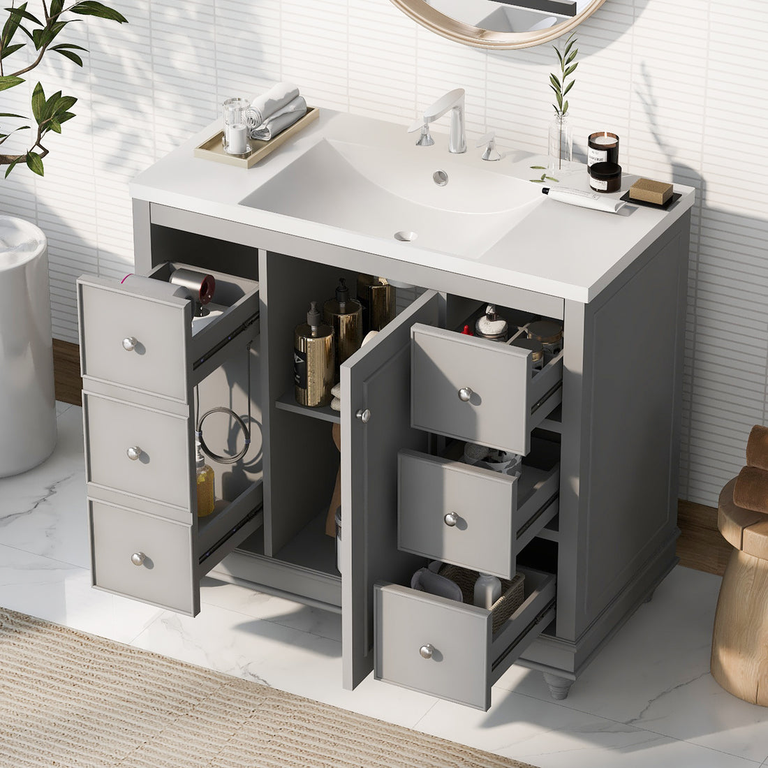 Contemporary Gray Bathroom Vanity Cabinet 36X18X34 Inches, 4 Drawers & 1 Cabinet Door, Multipurpose Storage, Resin Integrated Sink, Adjustable Shelves, Solid Wood Frame With Mdf Gray Modern Solid Wood Mdf Resin