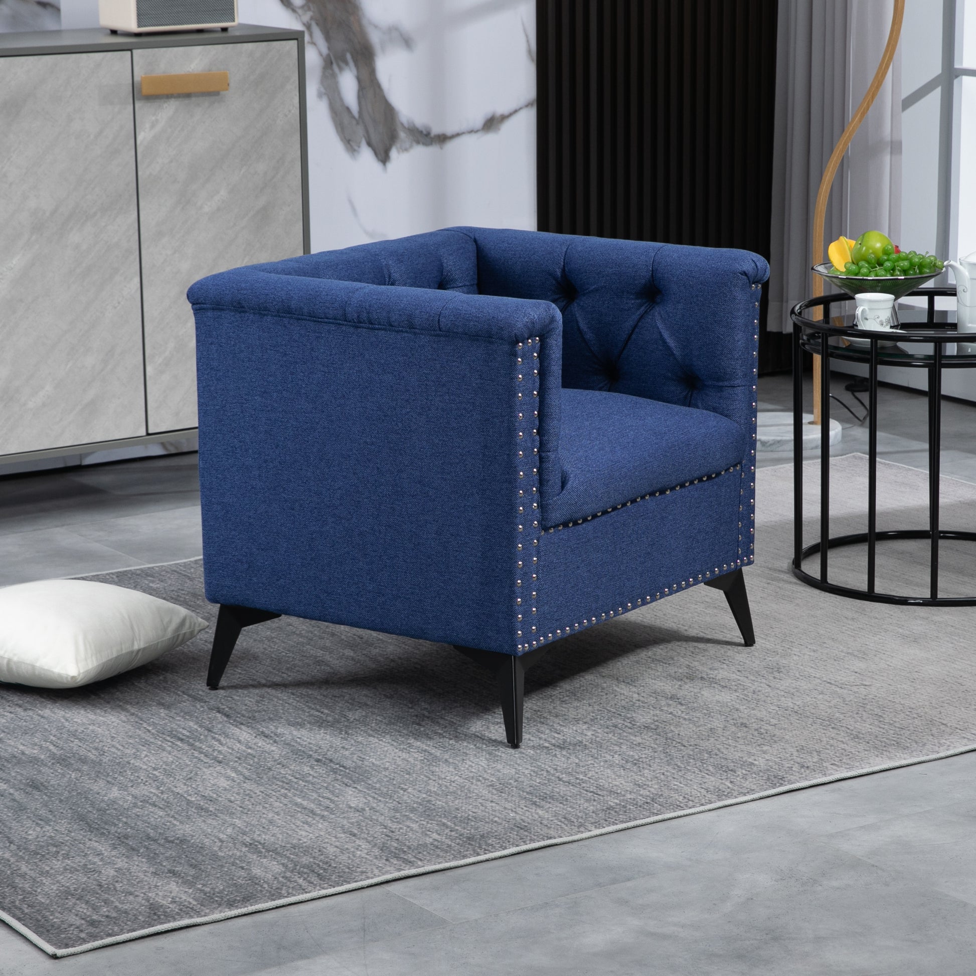 Accent Chair Living Room Chairs Single Sofa Chair,Arm Chairs With Linen Fabric, Mid Century Accent Arm Chairs Comfy Reading Lounge Club Armchair For Bedroom Office Study Blue Metal