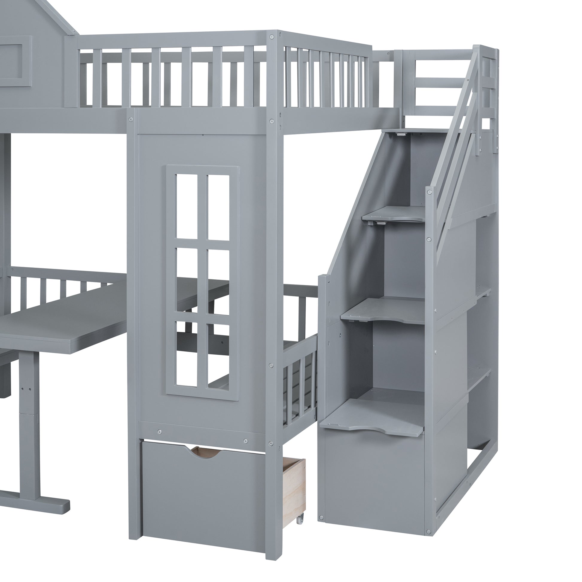 Full Over Full Bunk Bed With Changeable Table, Bunk Bed Turn Into Upper Bed And Down Desk Gray Full Gray Solid Wood