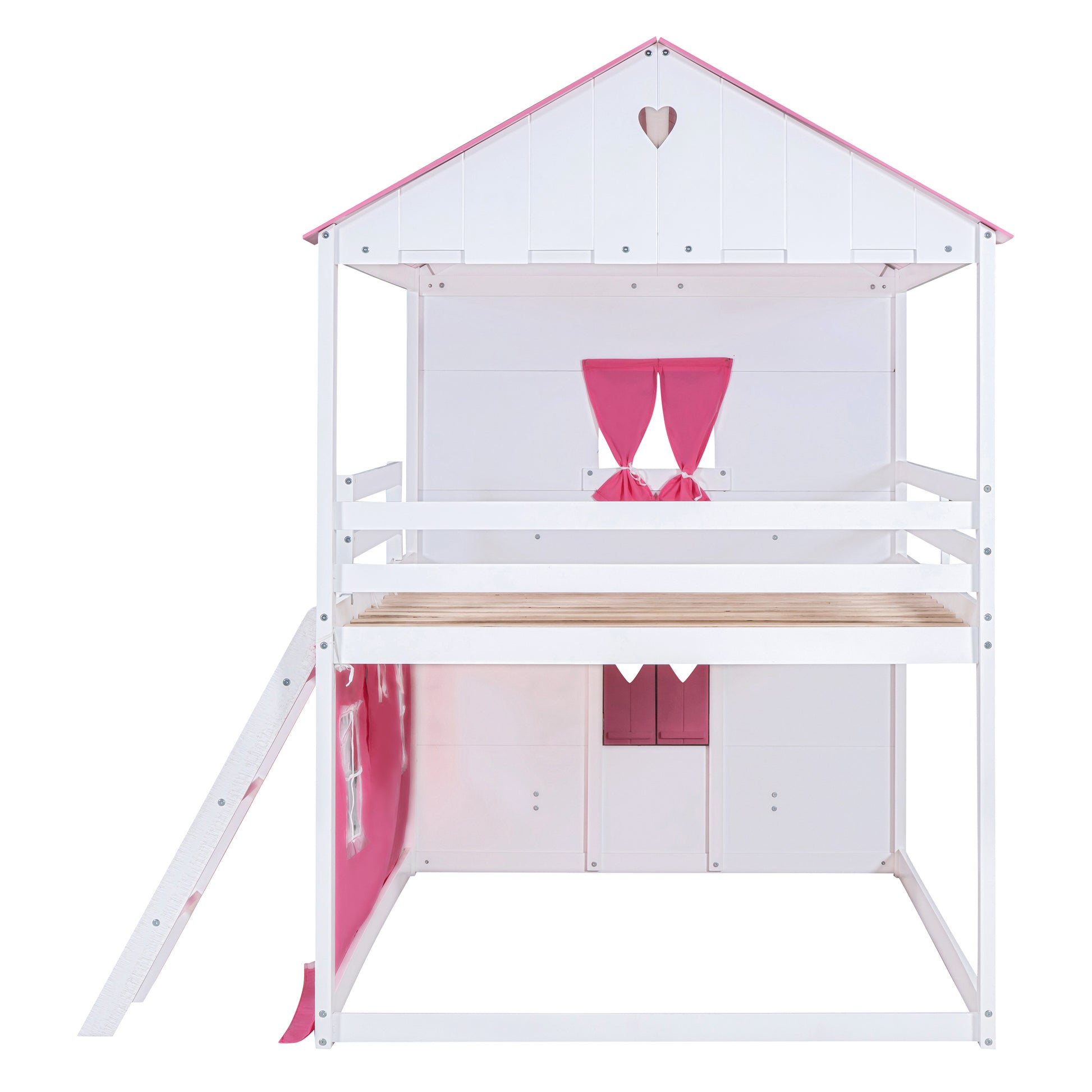 Full Size Bunk Wood House Bed With Elegant Windows, Sills And Tent, Pink White White Pink Solid Wood Mdf