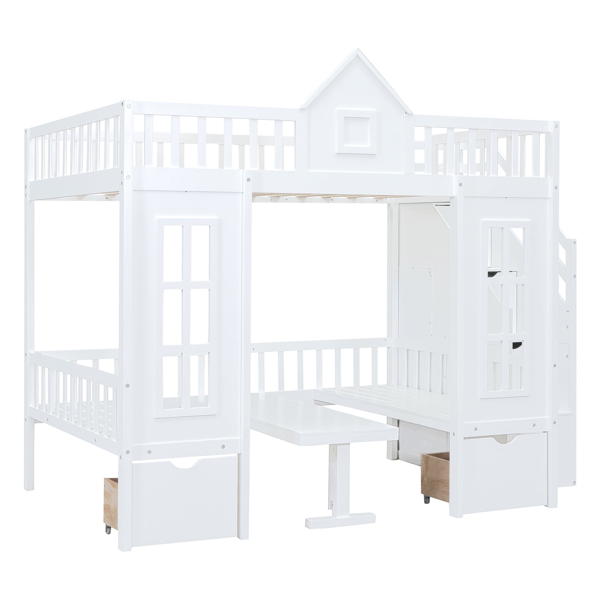 Full Over Full Bunk Bed With Changeable Table, Bunk Bed Turn Into Upper Bed And Down Desk White Full White Solid Wood