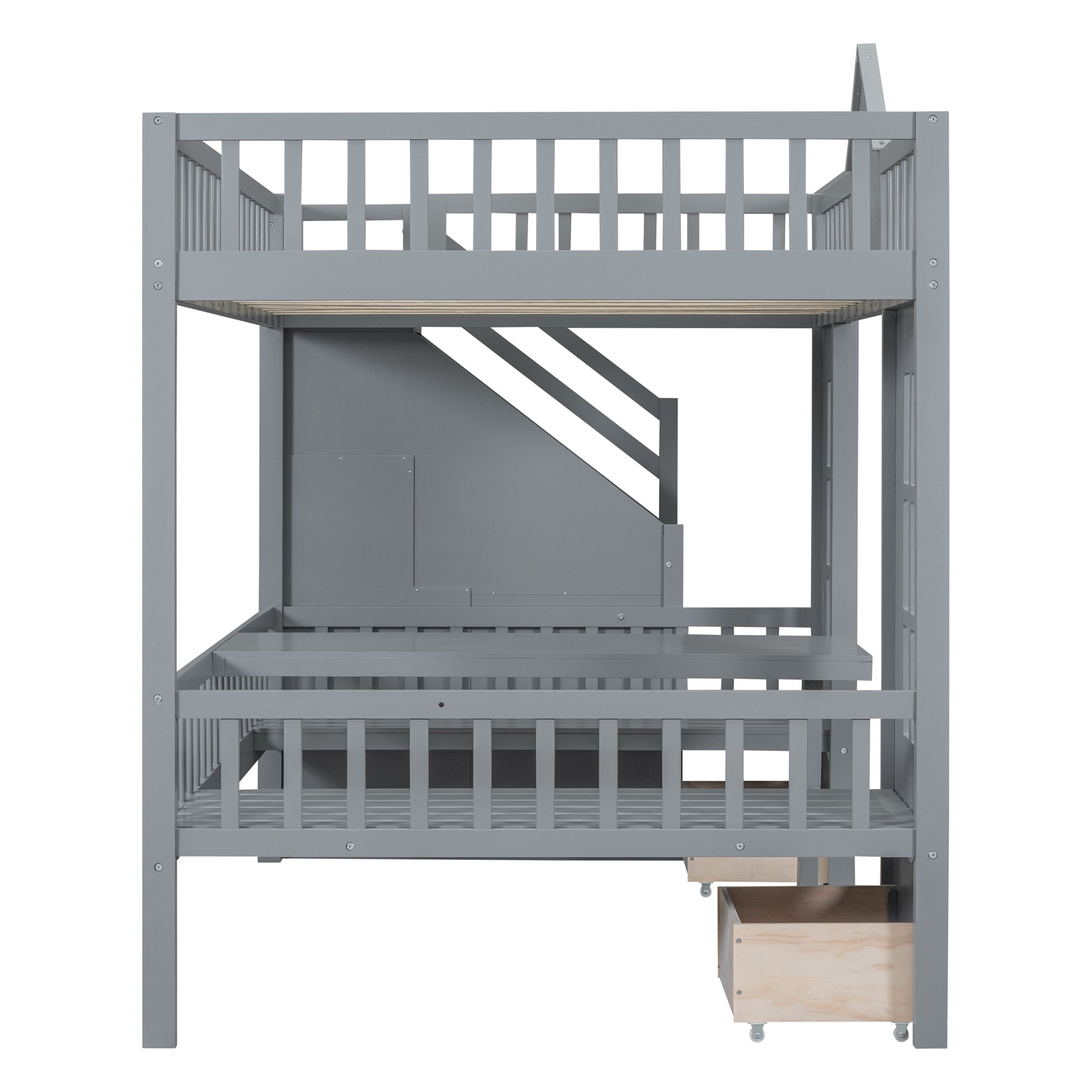 Full Over Full Bunk Bed With Changeable Table, Bunk Bed Turn Into Upper Bed And Down Desk Gray Full Gray Solid Wood