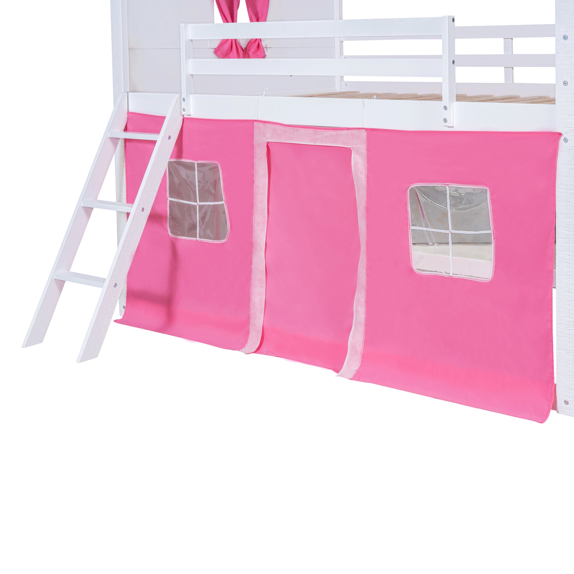 Full Size Bunk Wood House Bed With Elegant Windows, Sills And Tent, Pink White White Pink Solid Wood Mdf