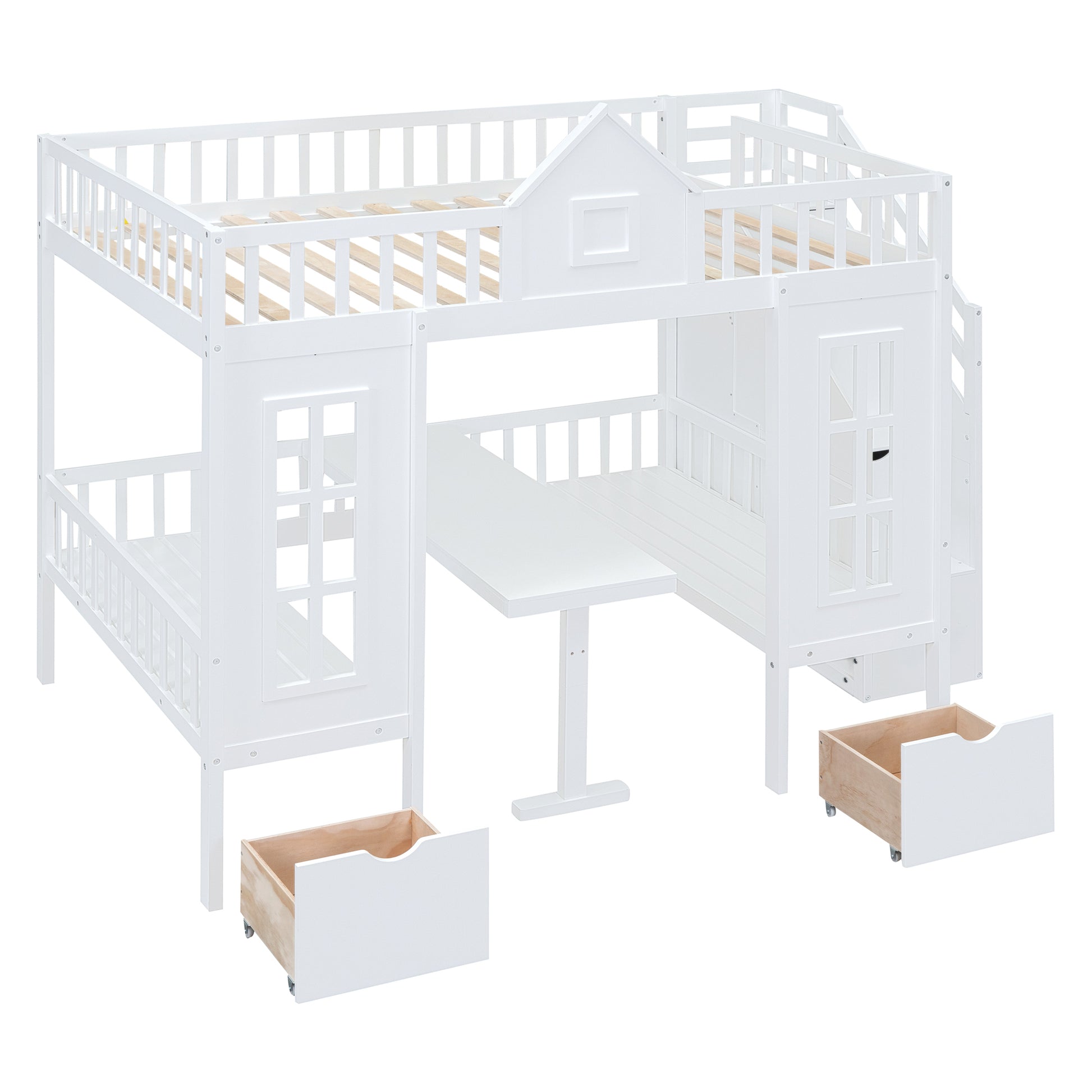 Full Over Full Bunk Bed With Changeable Table, Bunk Bed Turn Into Upper Bed And Down Desk White Full White Solid Wood