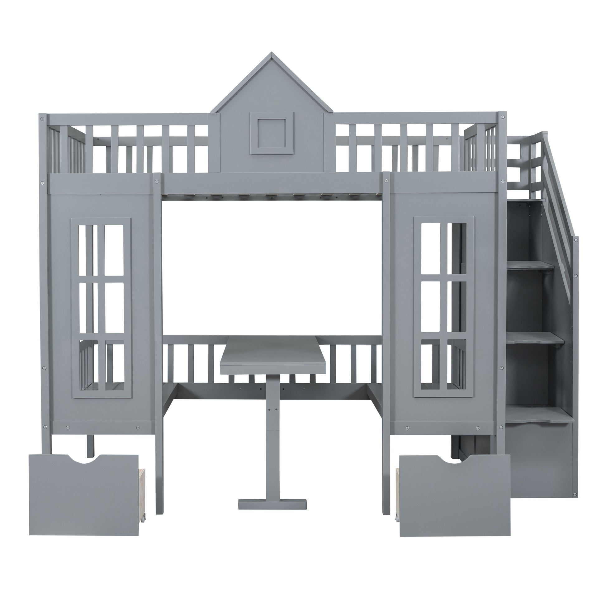 Full Over Full Bunk Bed With Changeable Table, Bunk Bed Turn Into Upper Bed And Down Desk Gray Full Gray Solid Wood