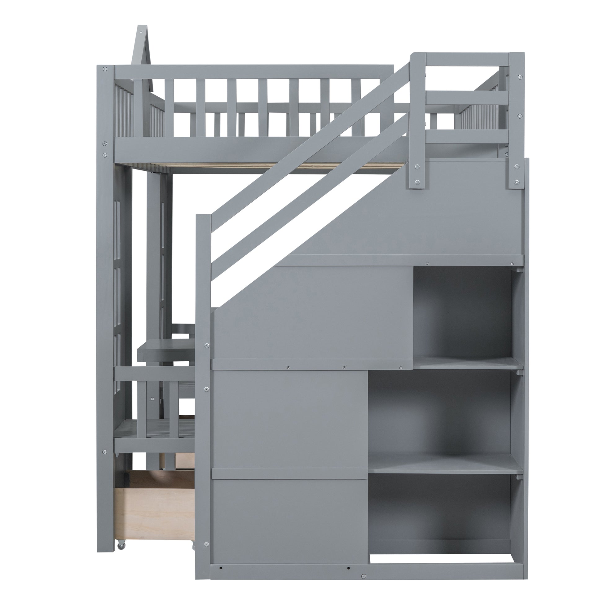 Full Over Full Bunk Bed With Changeable Table, Bunk Bed Turn Into Upper Bed And Down Desk Gray Full Gray Solid Wood