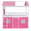 Full Size Bunk Wood House Bed With Elegant Windows, Sills And Tent, Pink White White Pink Solid Wood Mdf