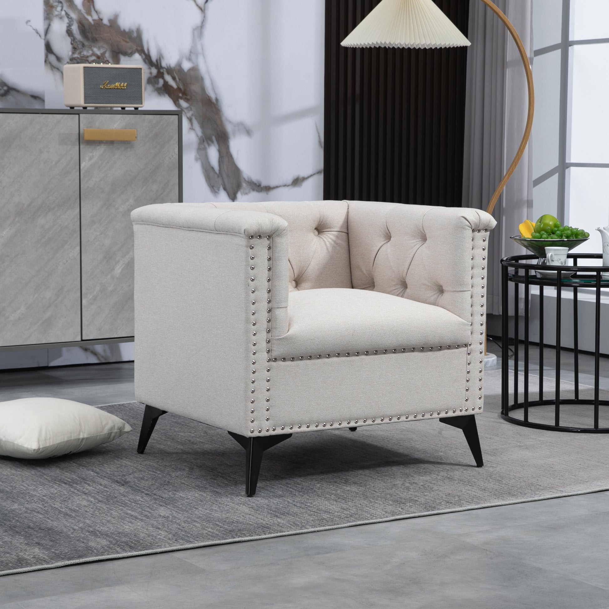 Accent Chair Living Room Chairs Single Sofa Chair,Arm Chairs With Linen Fabric, Mid Century Accent Arm Chairs Comfy Reading Lounge Club Armchair For Bedroom Office Study Beige Metal