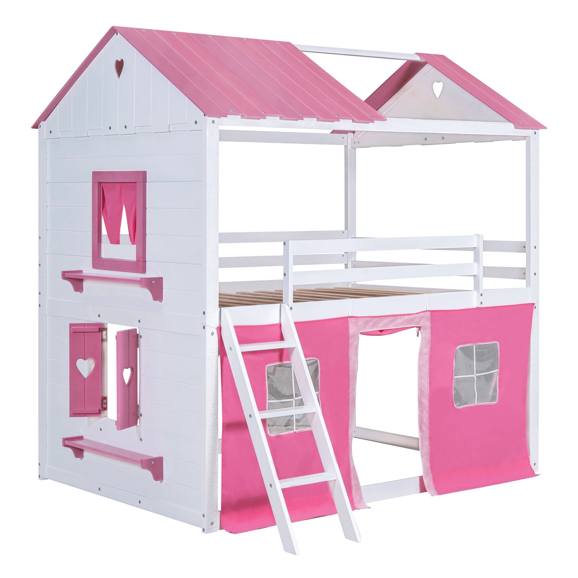 Full Size Bunk Wood House Bed With Elegant Windows, Sills And Tent, Pink White White Pink Solid Wood Mdf