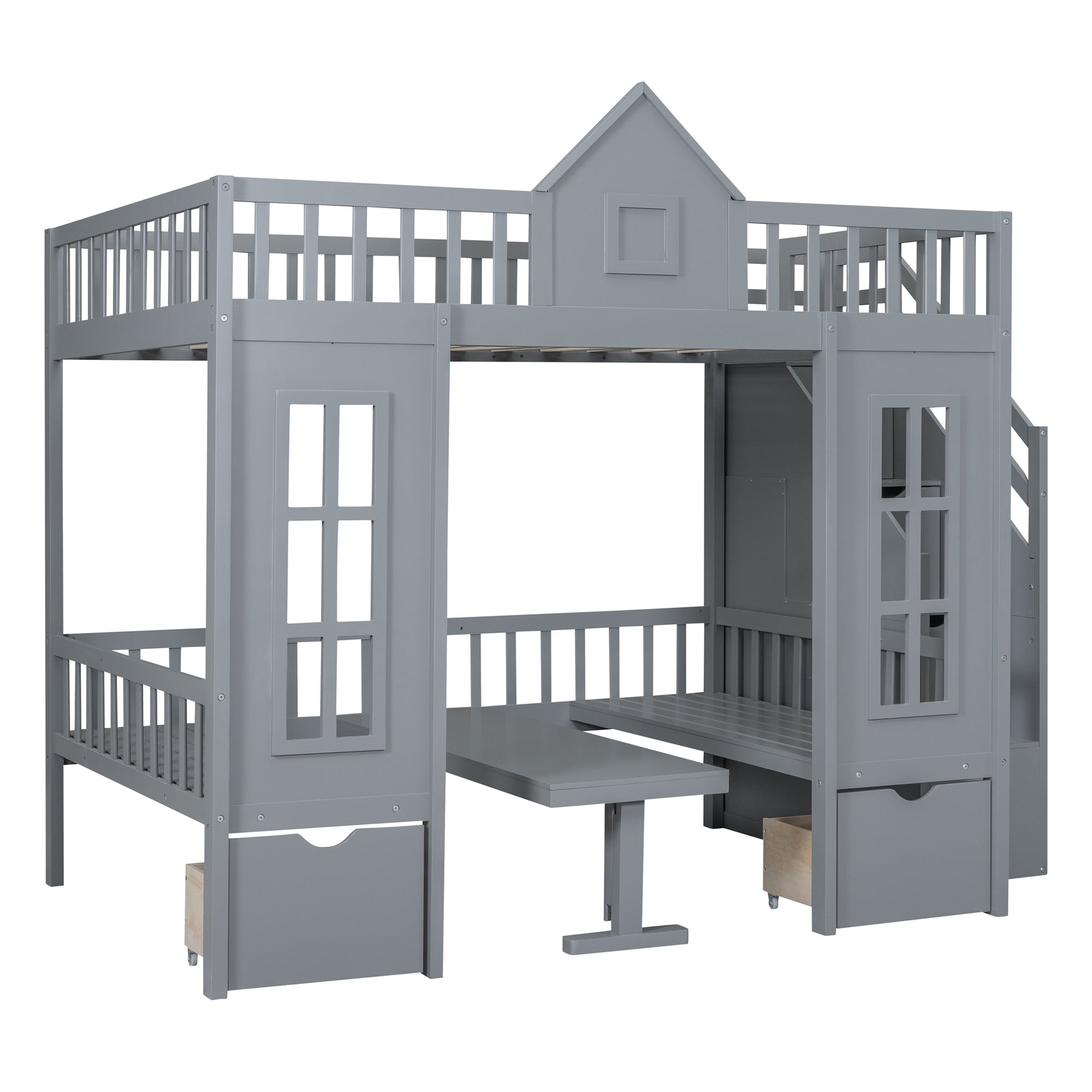 Full Over Full Bunk Bed With Changeable Table, Bunk Bed Turn Into Upper Bed And Down Desk Gray Full Gray Solid Wood