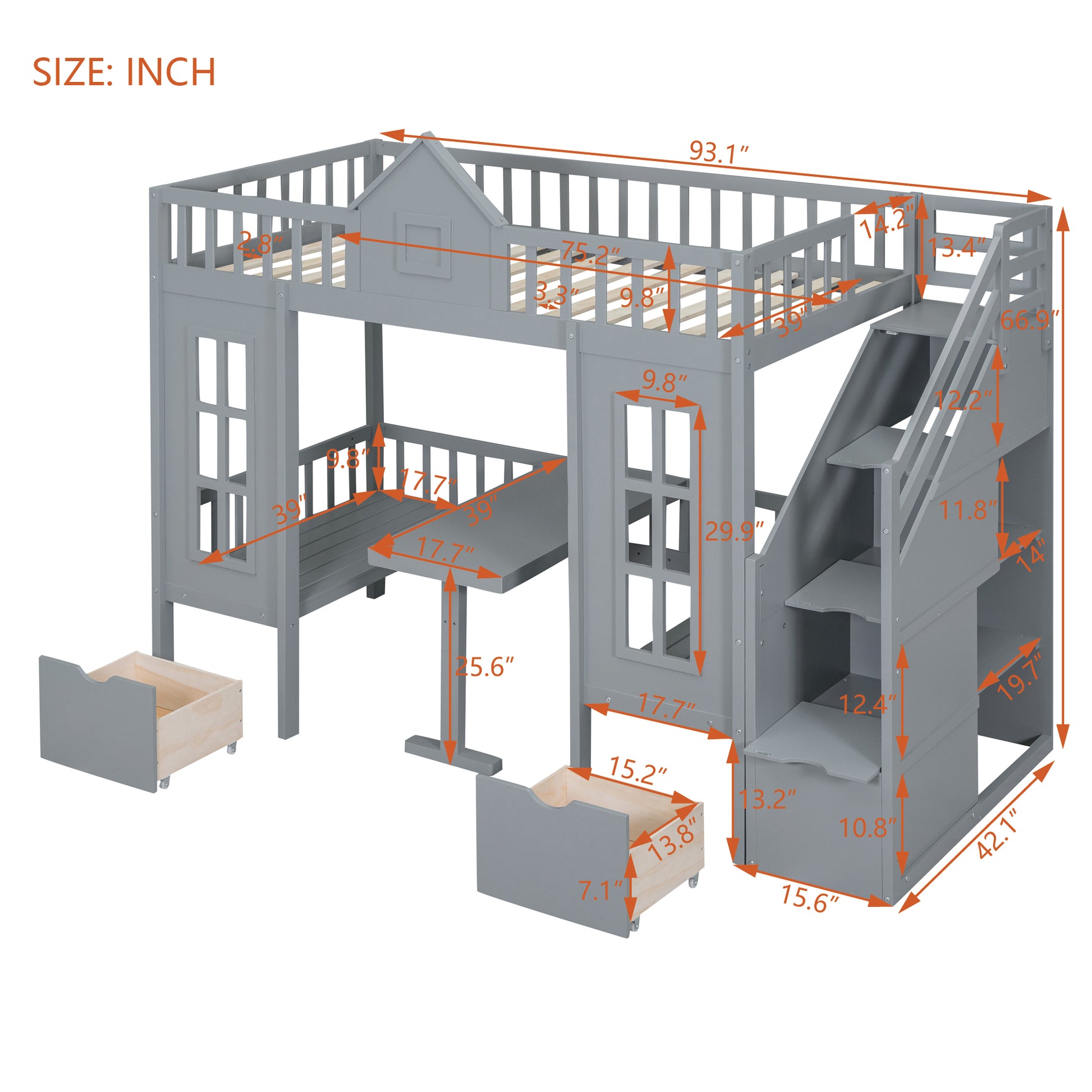 Twin Over Twin Bunk Bed With Changeable Table, Bunk Bed Turn Into Upper Bed And Down Desk Gray Twin Gray Solid Wood