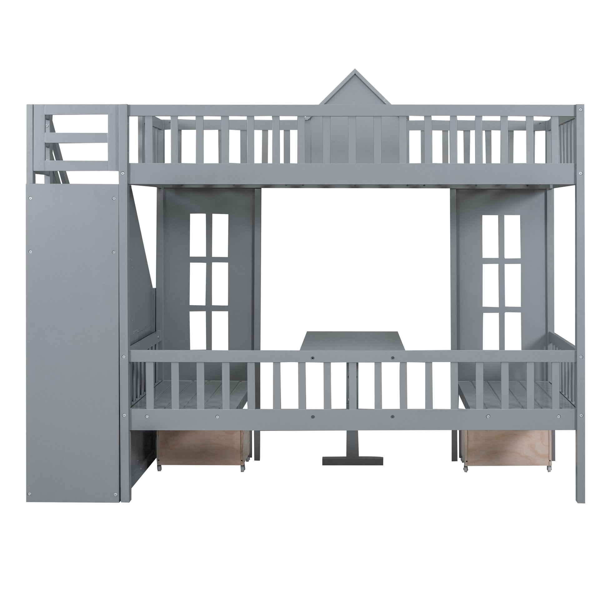 Twin Over Twin Bunk Bed With Changeable Table, Bunk Bed Turn Into Upper Bed And Down Desk Gray Twin Gray Solid Wood