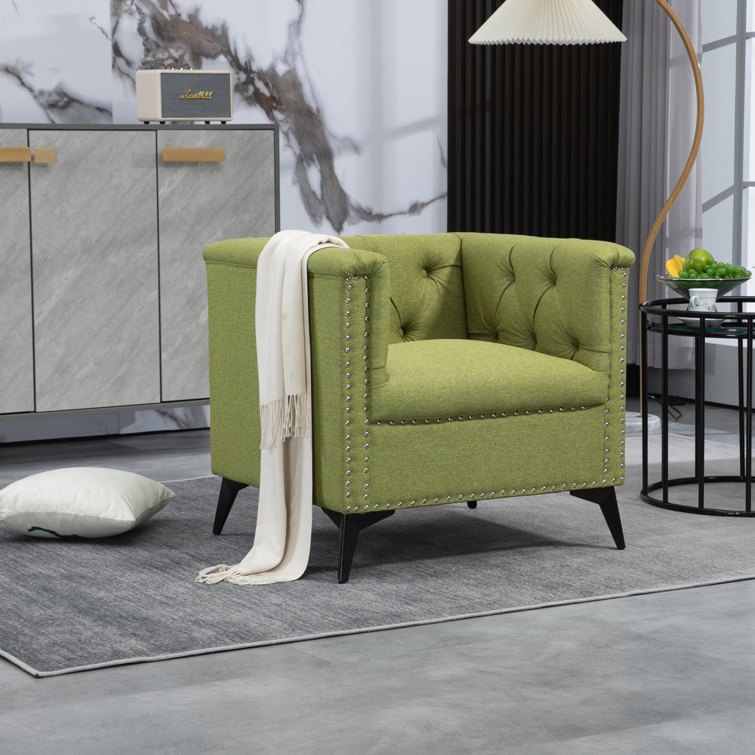 Accent Chair Living Room Chairs Single Sofa Chair,Arm Chairs With Linen Fabric, Mid Century Accent Arm Chairs Comfy Reading Lounge Club Armchair For Bedroom Office Study Green Metal