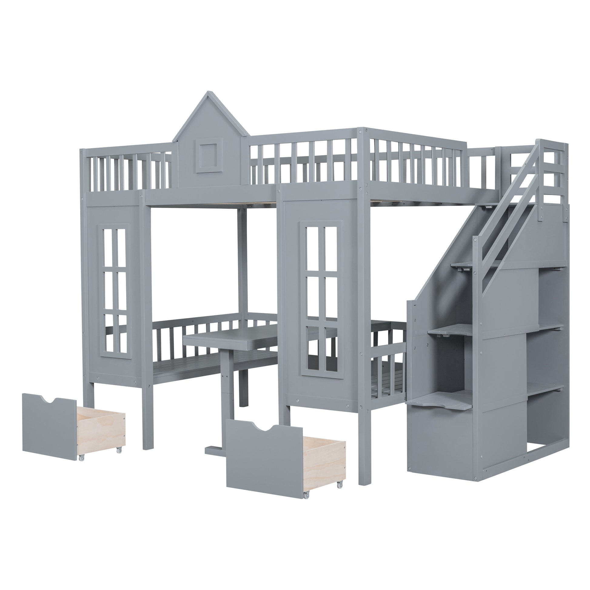 Full Over Full Bunk Bed With Changeable Table, Bunk Bed Turn Into Upper Bed And Down Desk Gray Full Gray Solid Wood