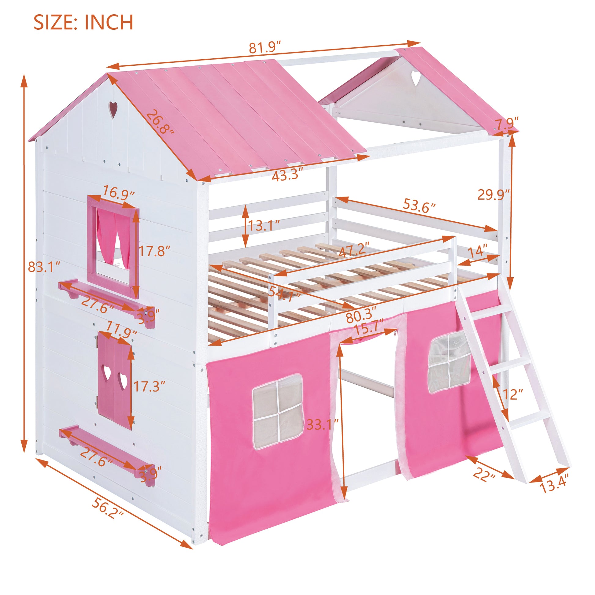 Full Size Bunk Wood House Bed With Elegant Windows, Sills And Tent, Pink White White Pink Solid Wood Mdf