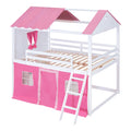 Full Size Bunk Wood House Bed With Elegant Windows, Sills And Tent, Pink White White Pink Solid Wood Mdf