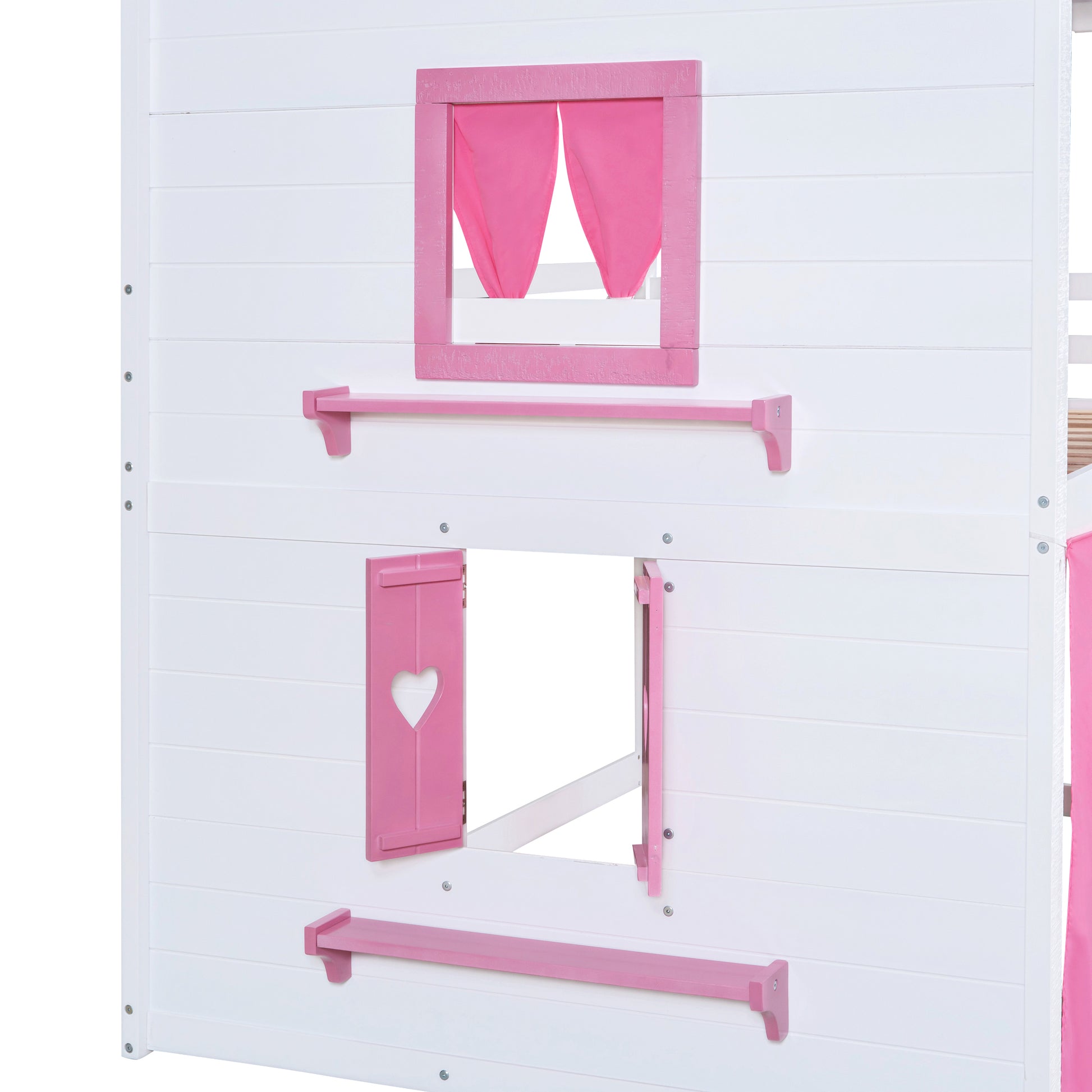 Full Size Bunk Wood House Bed With Elegant Windows, Sills And Tent, Pink White White Pink Solid Wood Mdf