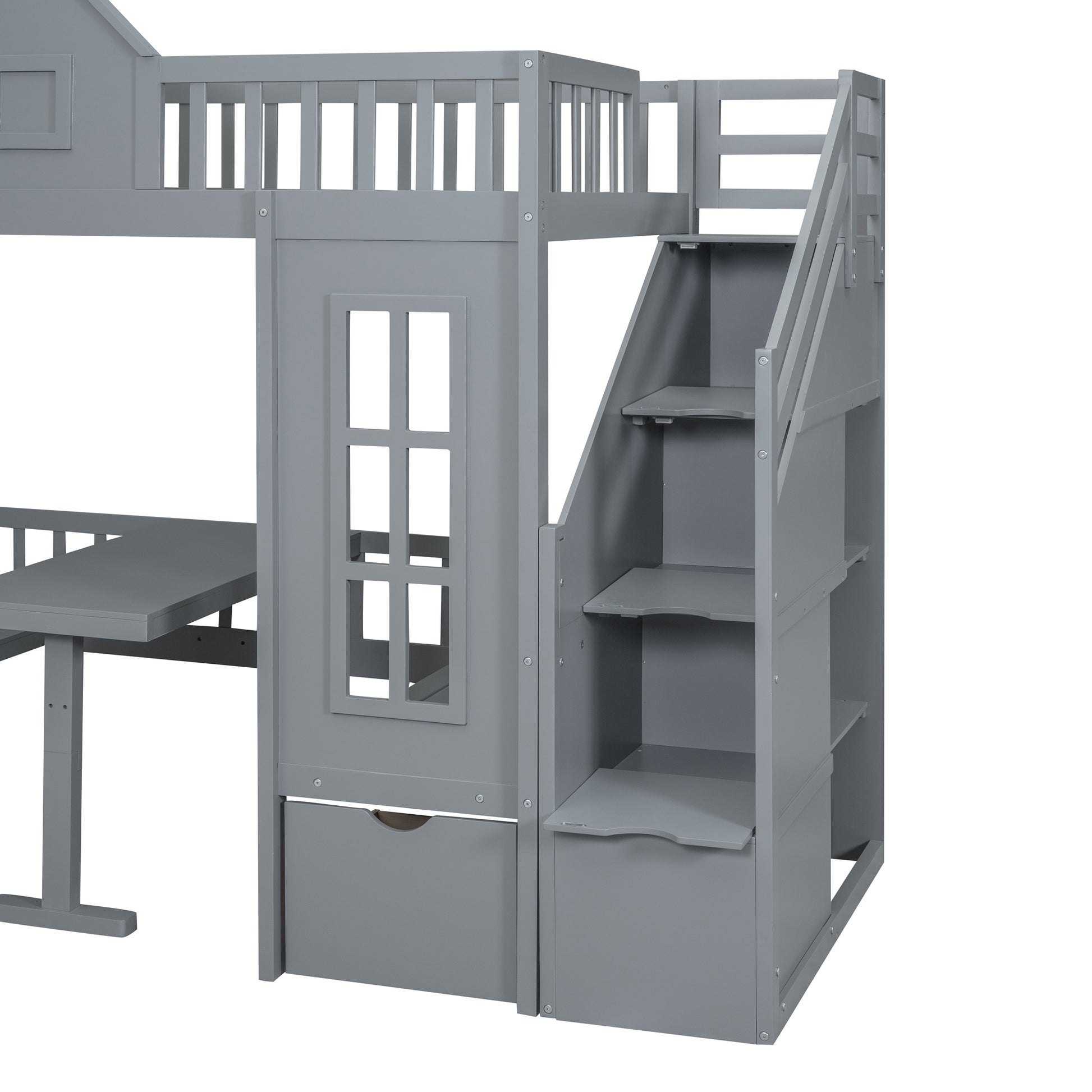 Twin Over Twin Bunk Bed With Changeable Table, Bunk Bed Turn Into Upper Bed And Down Desk Gray Twin Gray Solid Wood