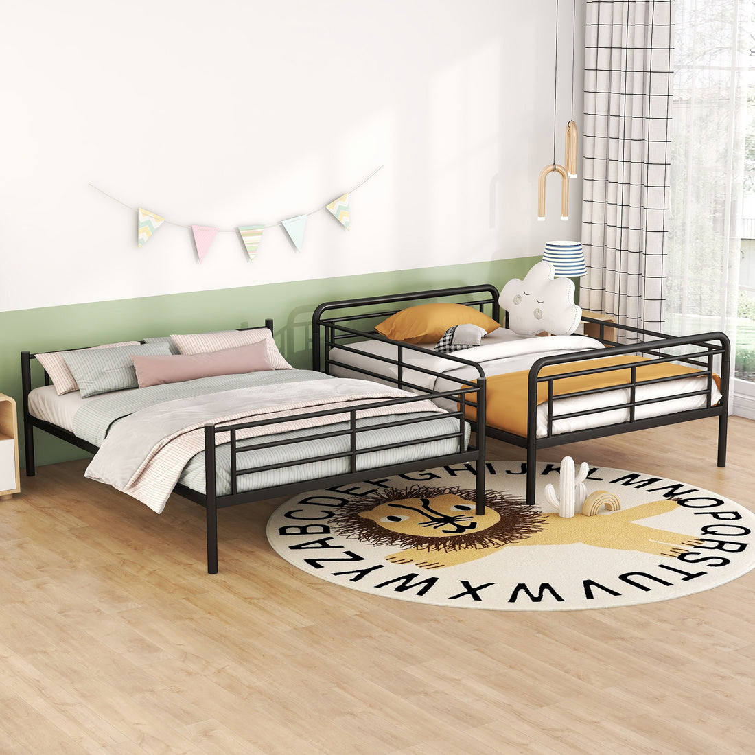 Full Xl Over Queen Metal Bunk Bed, Black Black Iron