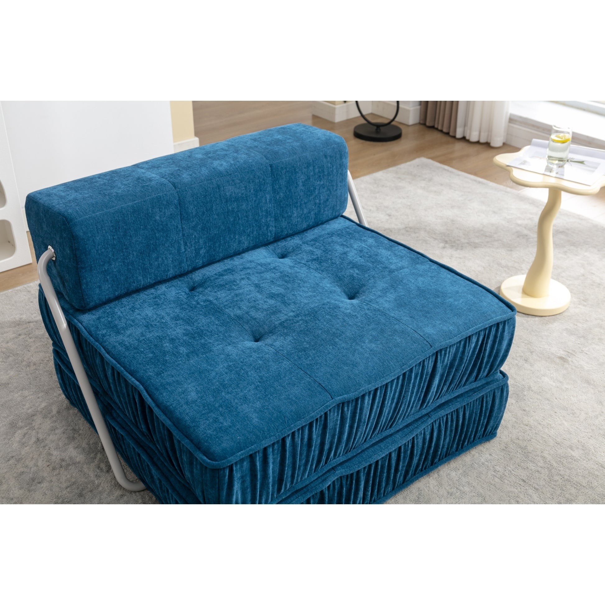 Folding Sofa Bed, Futon Sleeper Chair, Convertible Chair Floor Couch & Sleeping Mattress For Living Room, Guest Room, Home Office, Apartment, Small Space, Bed, Removable Back Cushion, Blue, 1 Seat Blue Chenille Primary Living Space Pillow Back Soft