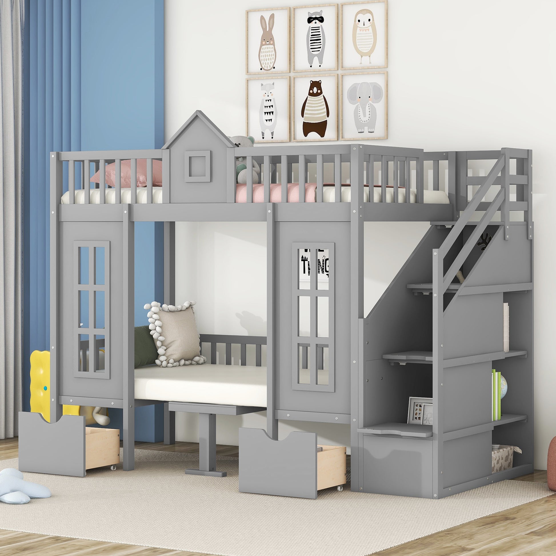 Twin Over Twin Bunk Bed With Changeable Table, Bunk Bed Turn Into Upper Bed And Down Desk Gray Twin Gray Solid Wood