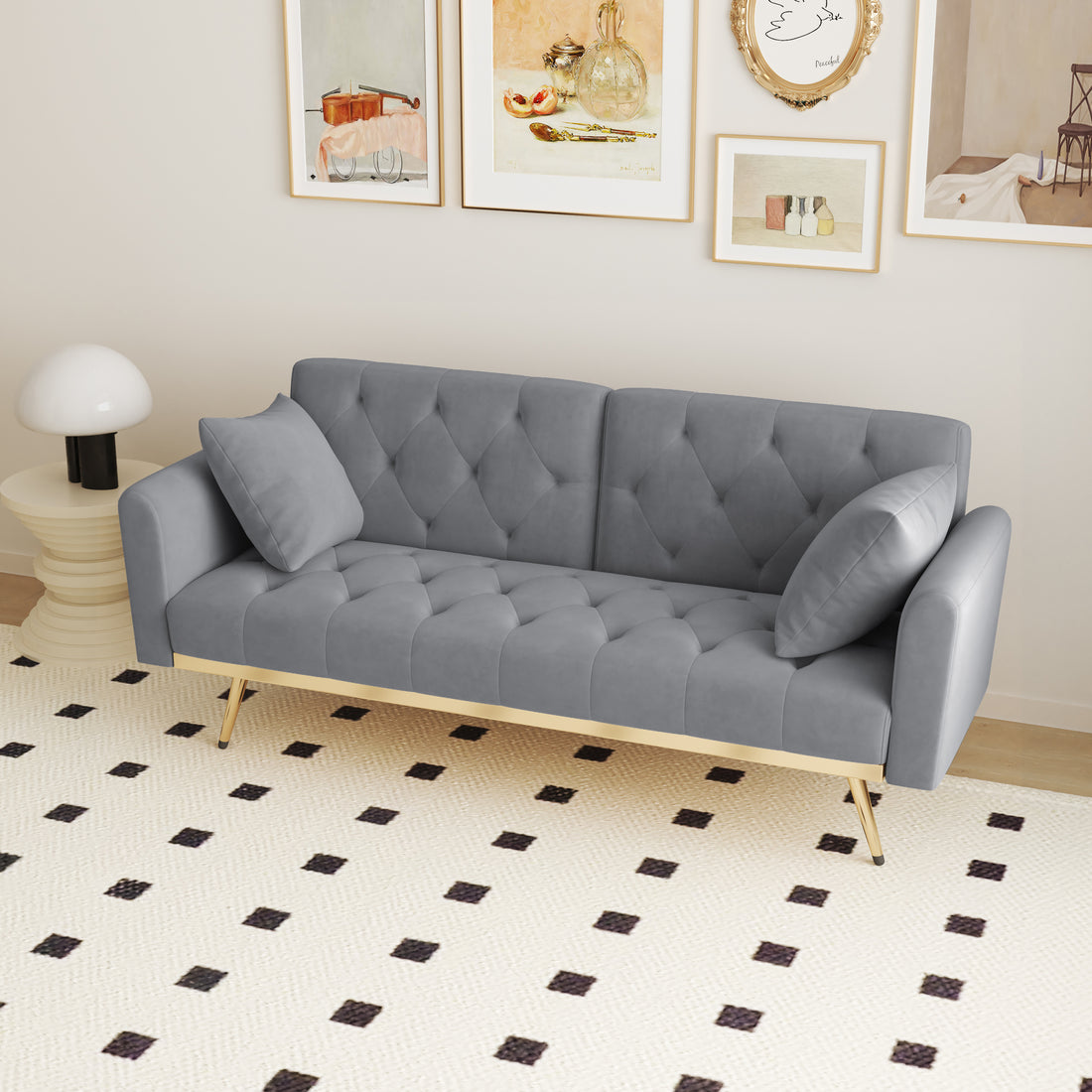 68.3" Gray Velvet Nail Head Sofa Bed With Throw Pillow And Midfoot Gray Foam Velvet 2 Seat