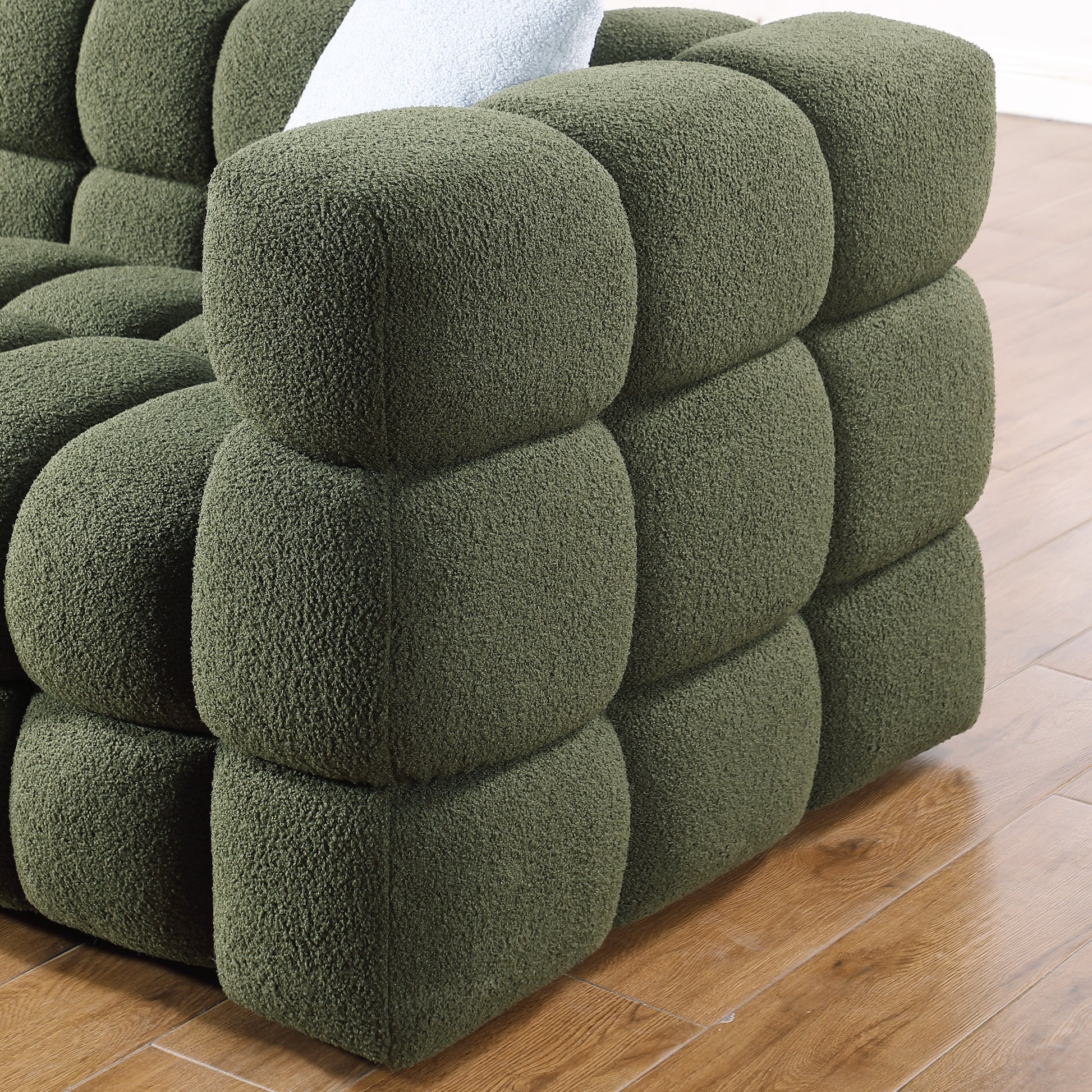 62.2Length ,35.83" Deepth ,Human Body Structure For Usa People, Marshmallow Sofa,Boucle Sofa ,Olive Green 2S Boucle Olive Green Light Brown Wood Primary Living Space Medium Soft Split Back Eucalyptus Square Arms Boucle 2 Seat