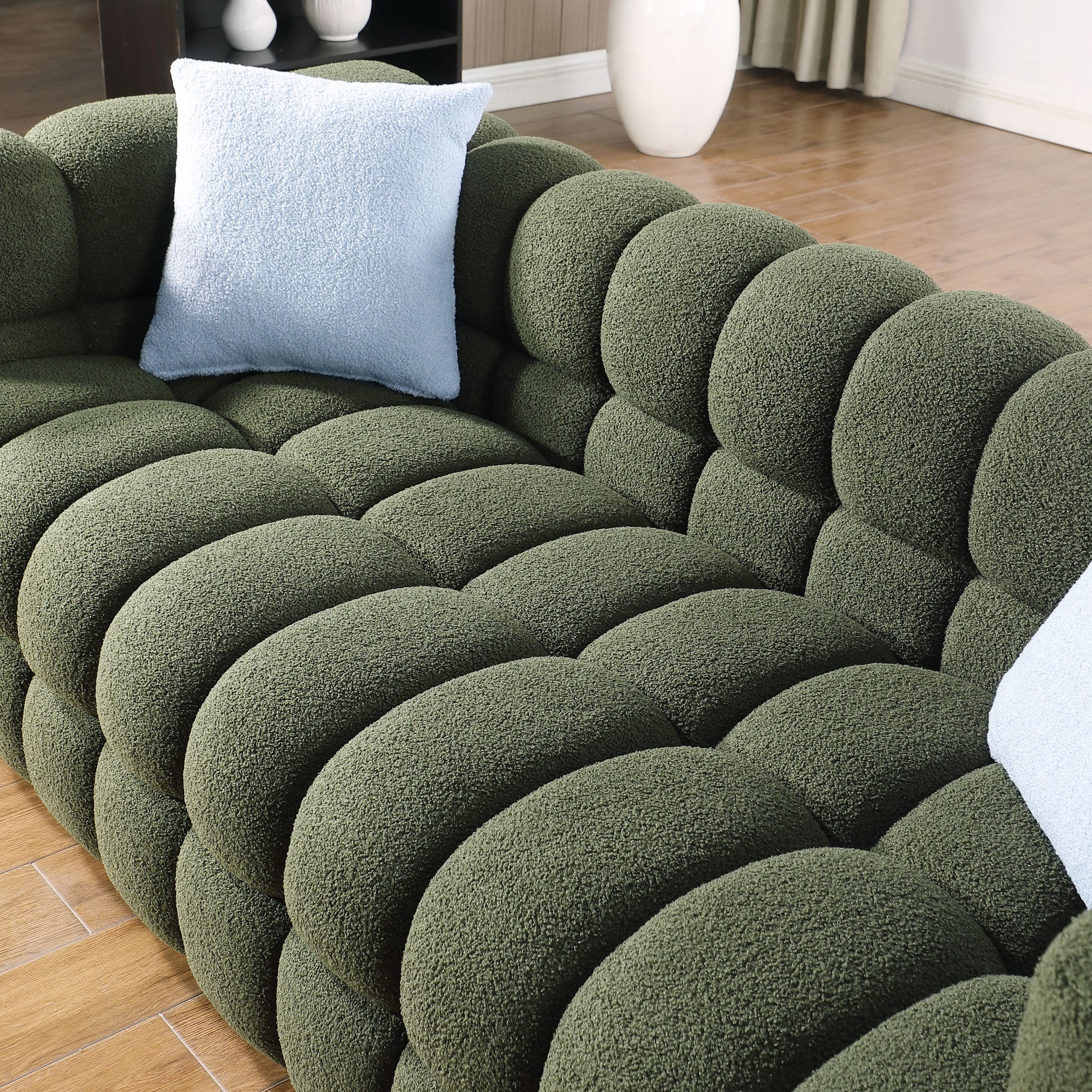 84.3 Length ,35.83" Deepth ,Human Body Structure For Usa People, Marshmallow Sofa,Boucle Sofa ,3 Seater, Olive Green Boucle Olive Green Light Brown Wood Primary Living Space Medium Soft Split Back Eucalyptus Square Arms Boucle 3 Seat