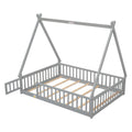 Full Tent Shaped Floor Bed, With Guardrails, Slats, Door ,Grey Full Grey Wood Bedroom American Design Pine Bed Frame Pine