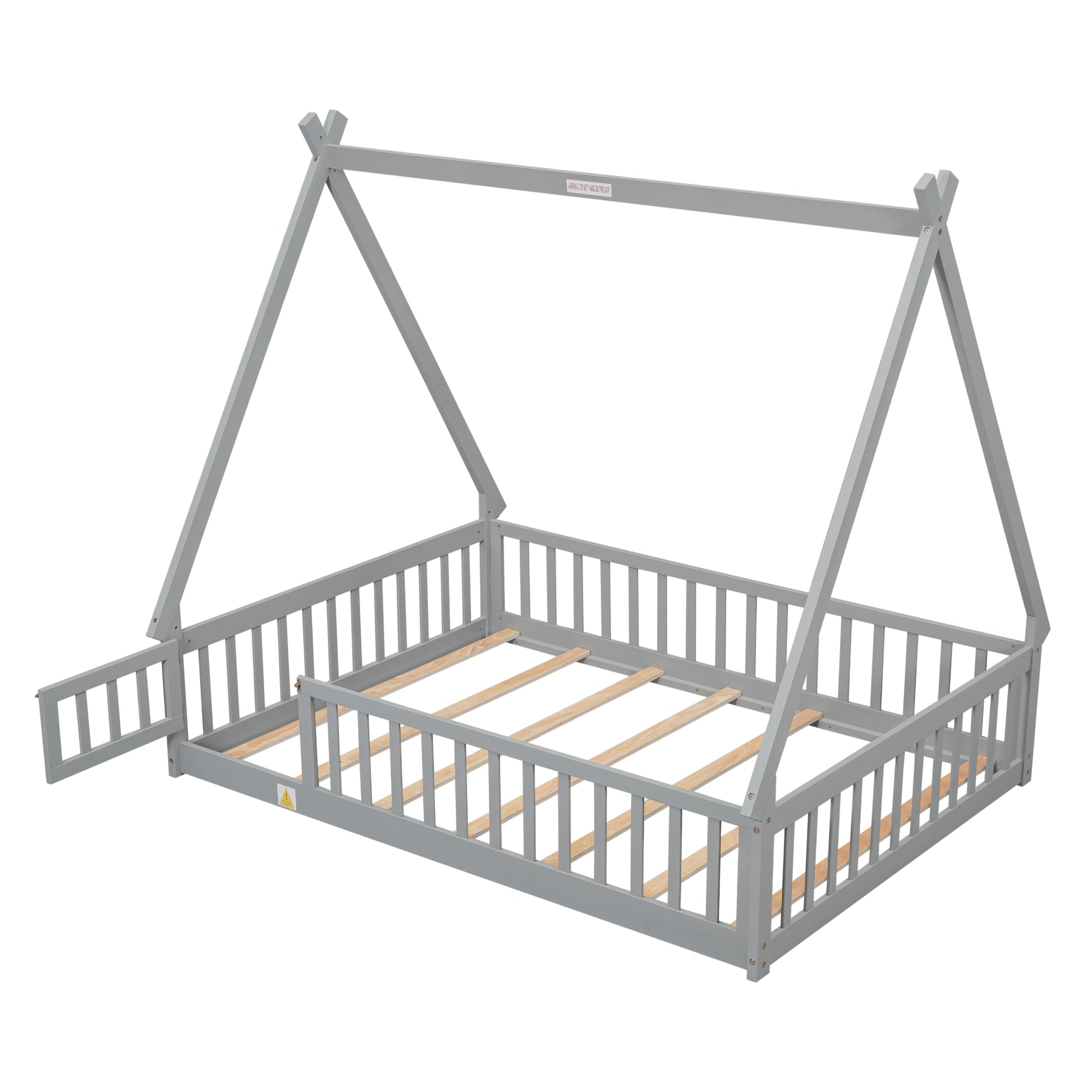 Full Tent Shaped Floor Bed, With Guardrails, Slats, Door ,Grey Full Grey Wood Bedroom American Design Pine Bed Frame Pine
