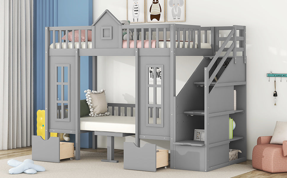 Twin Over Twin Bunk Bed With Changeable Table, Bunk Bed Turn Into Upper Bed And Down Desk Gray Twin Gray Solid Wood