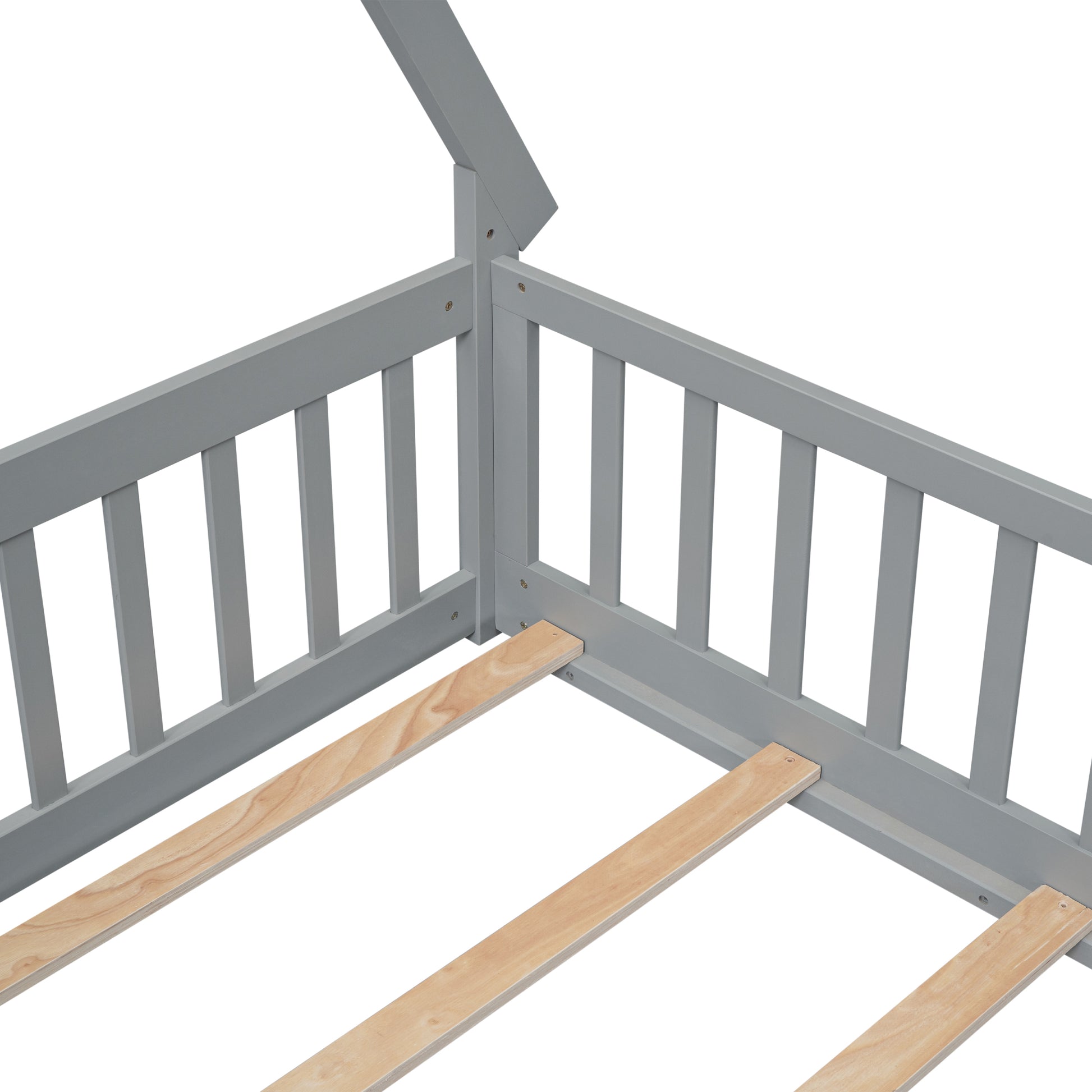 Full Tent Shaped Floor Bed, With Guardrails, Slats, Door ,Grey Full Grey Wood Bedroom American Design Pine Bed Frame Pine