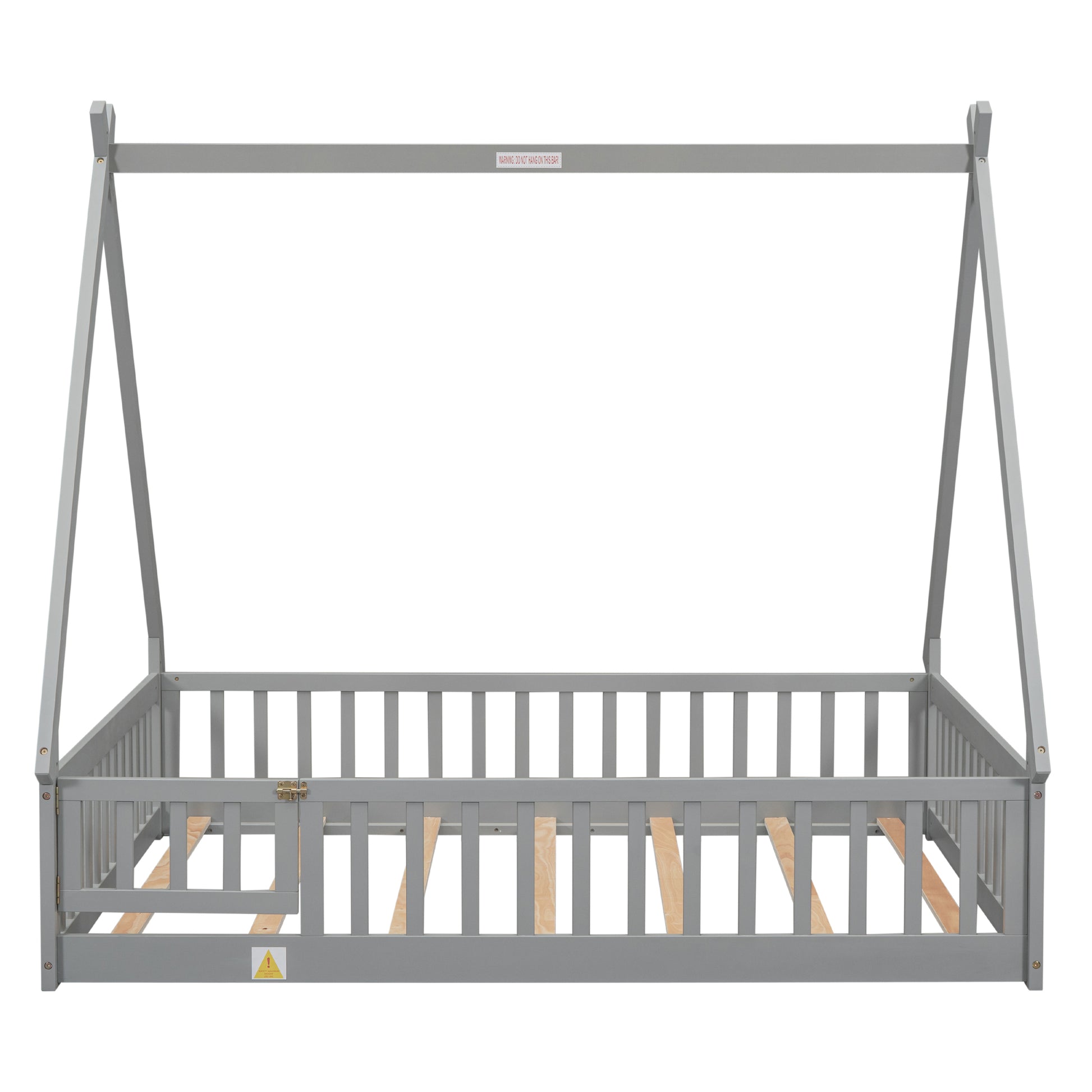 Full Tent Shaped Floor Bed, With Guardrails, Slats, Door ,Grey Full Grey Wood Bedroom American Design Pine Bed Frame Pine