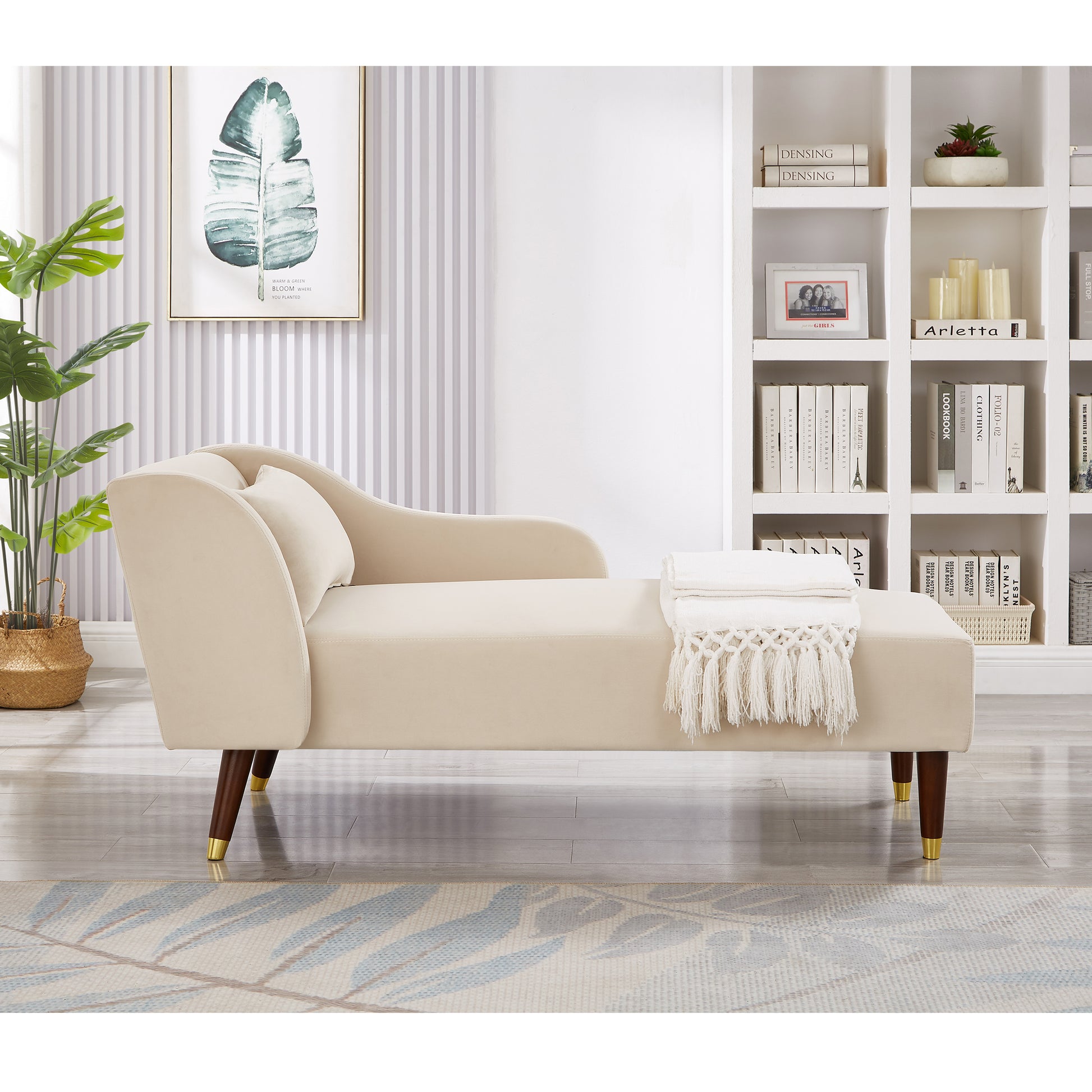 Modern Chaise Lounge Chair Velvet Upholstery Beige Beige Foam Velvet 1 Seat