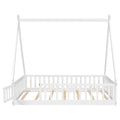 Full Tent Shaped Floor Bed, With Guardrails, Slats, Door ,White Full White Wood Bedroom American Design Pine Bed Frame Pine