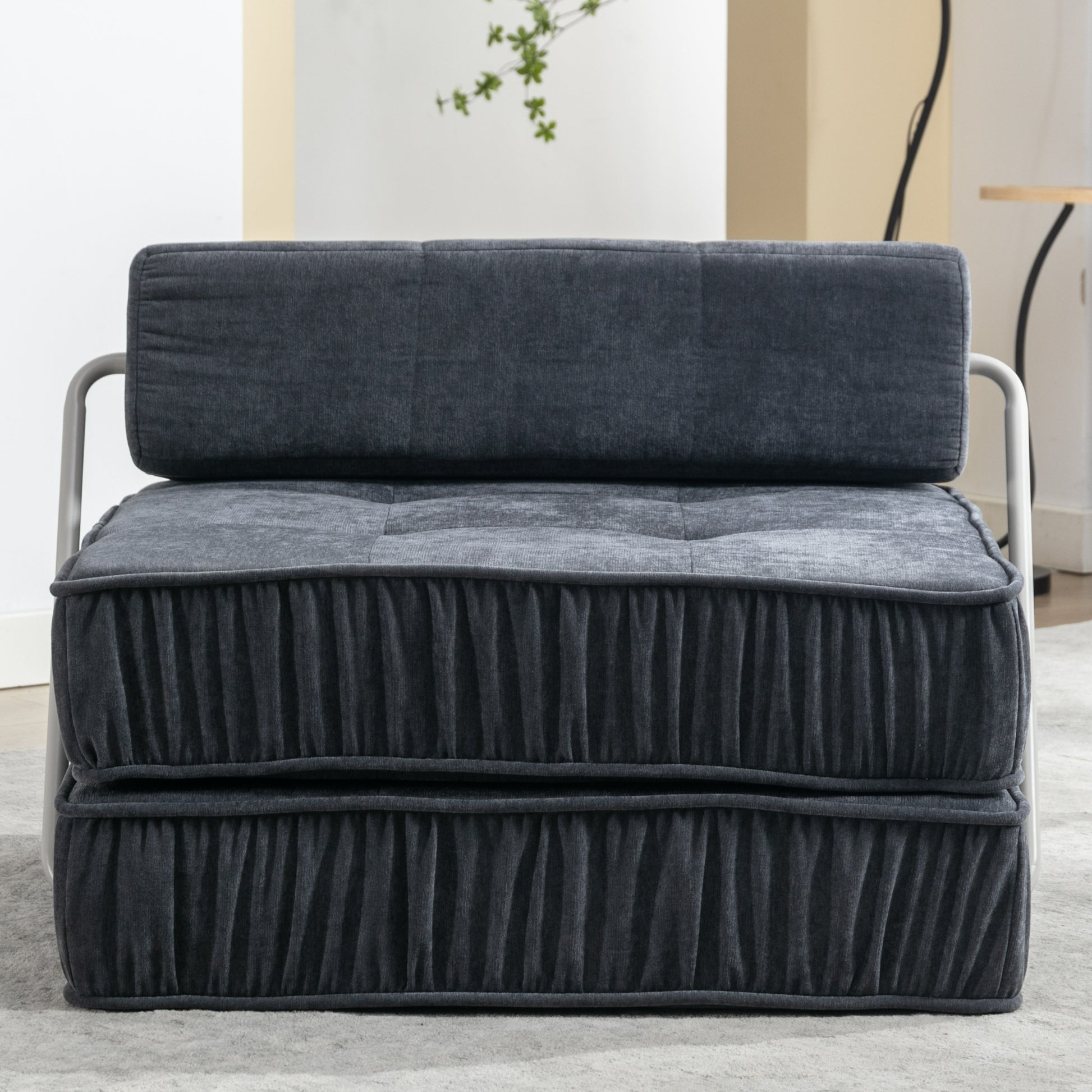 Folding Sofa Bed, Futon Sleeper Chair, Convertible Chair Floor Couch & Sleeping Mattress For Living Room, Guest Room, Home Office, Apartment, Small Space, Bed, Removable Back Cushion, Grey, 1 Seat Grey Chenille Primary Living Space Pillow Back Soft