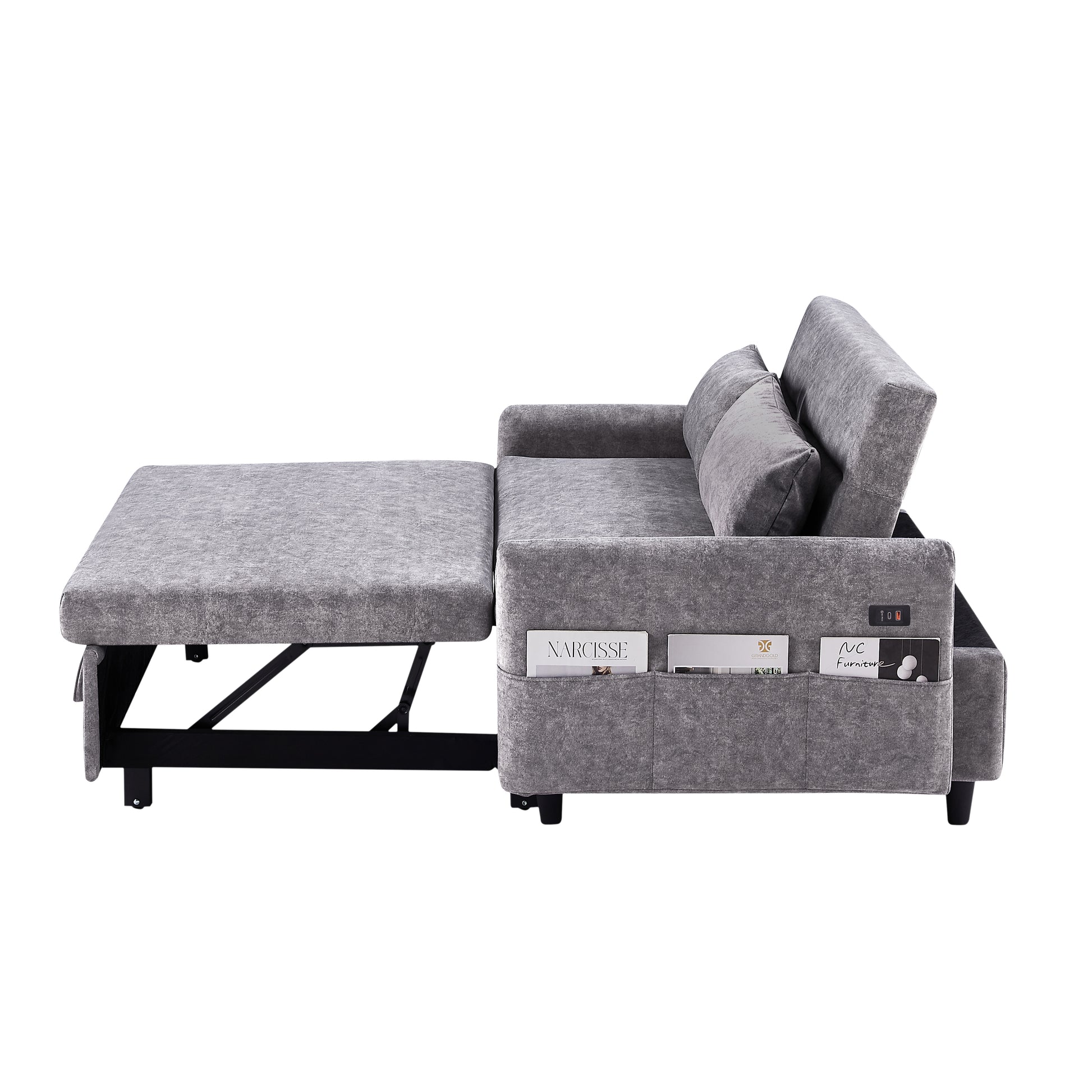 55.1" Pull Out Sleep Sofa Bed Loveseats Sofa Couch With Adjsutable Backrest, Storage Pockets, 2 Soft Pillows, Usb Ports For Living Room, Bedroom, Apartment, Office,Grey Old Sku:Wf315689Aae Grey Foam Microfiber 2 Seat