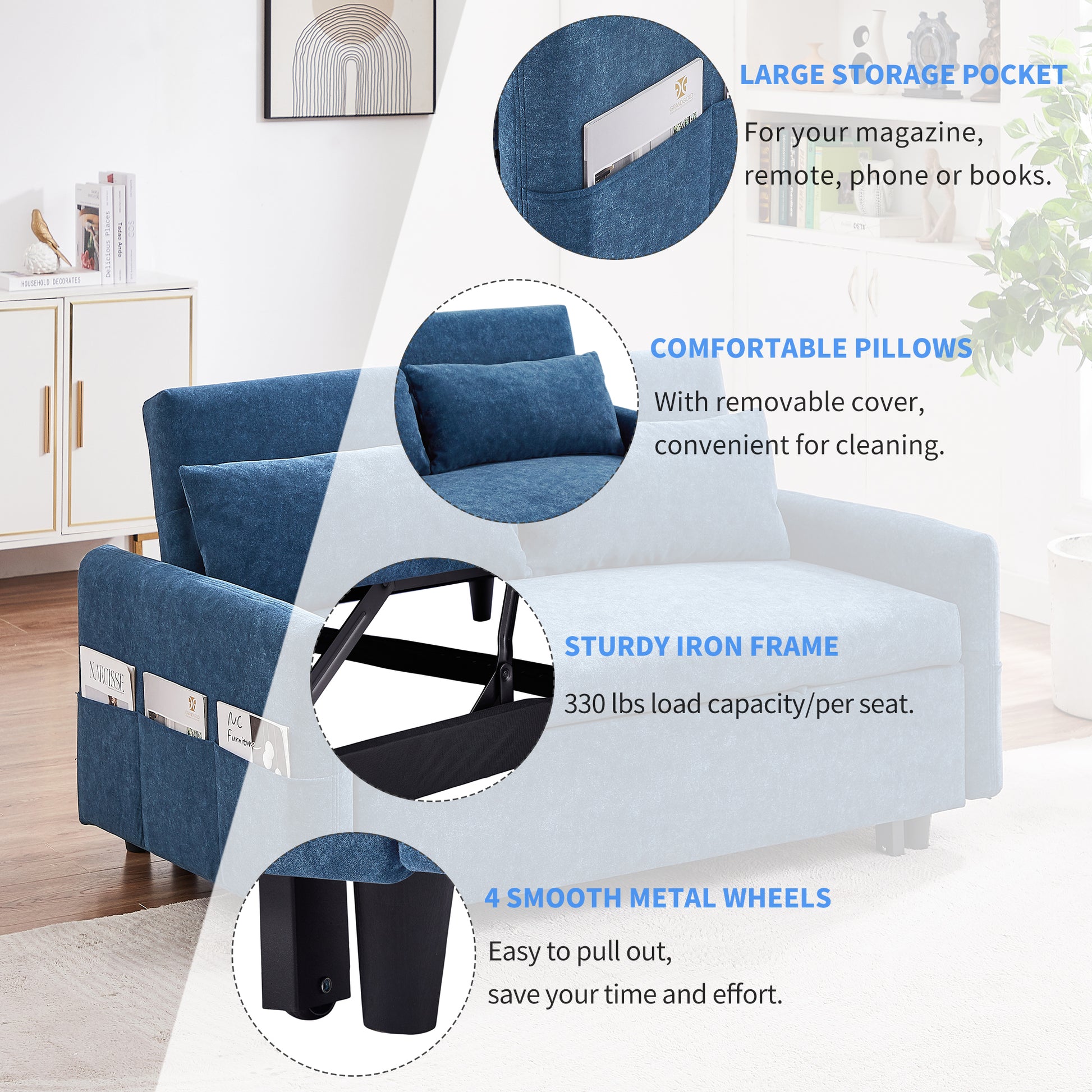 55.1" Pull Out Sleep Sofa Bed Loveseats Sofa Couch With Adjsutable Backrest, Storage Pockets, 2 Soft Pillows, Usb Ports For Living Room, Bedroom, Apartment, Office, Blue Old Sku: Wf315689Aac Blue Foam Microfiber 2 Seat